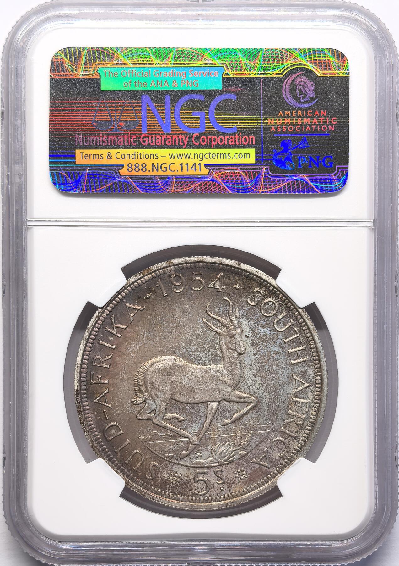 FXS世界钱币微拍第二百八十七期 1954南非伊丽莎白5先令大银精铸NGC-PF65