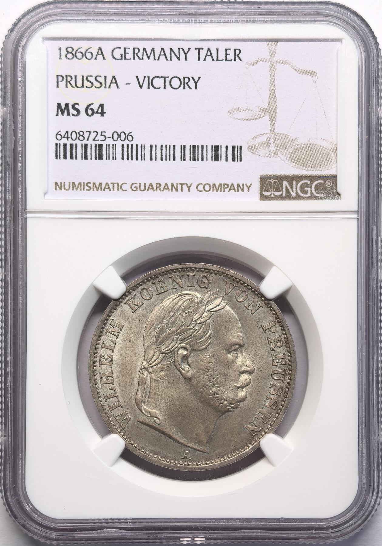 FXS世界钱币微拍第二百八十七期 1866A德国普奥战争胜利纪念泰勒NGC-MS64，哑光灰绿彩，设计经典的桂冠像威廉一世！