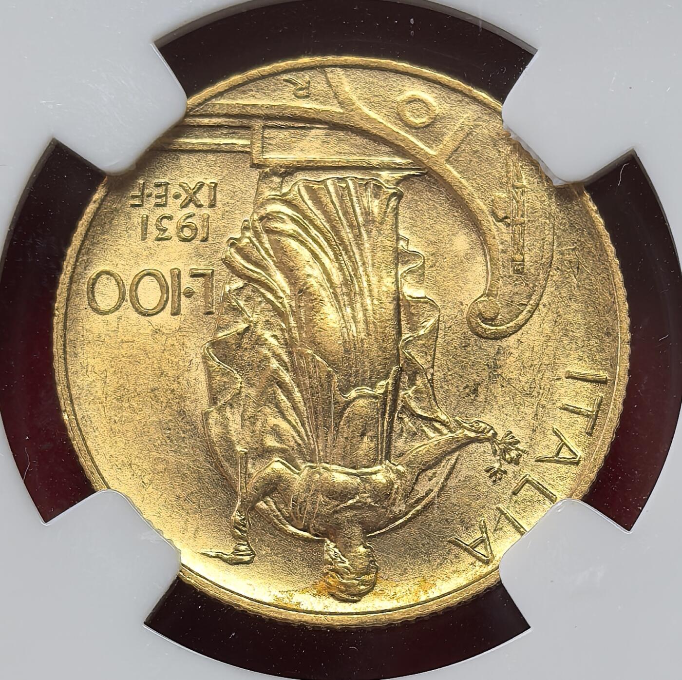 FXS世界钱币微拍第二百八十七期 荐！1931意大利埃曼努尔三世100里拉金币NGC-MS61，船首女神手持火炬与橄榄枝，精美的意大利钱币设计，8.8g，900金。
