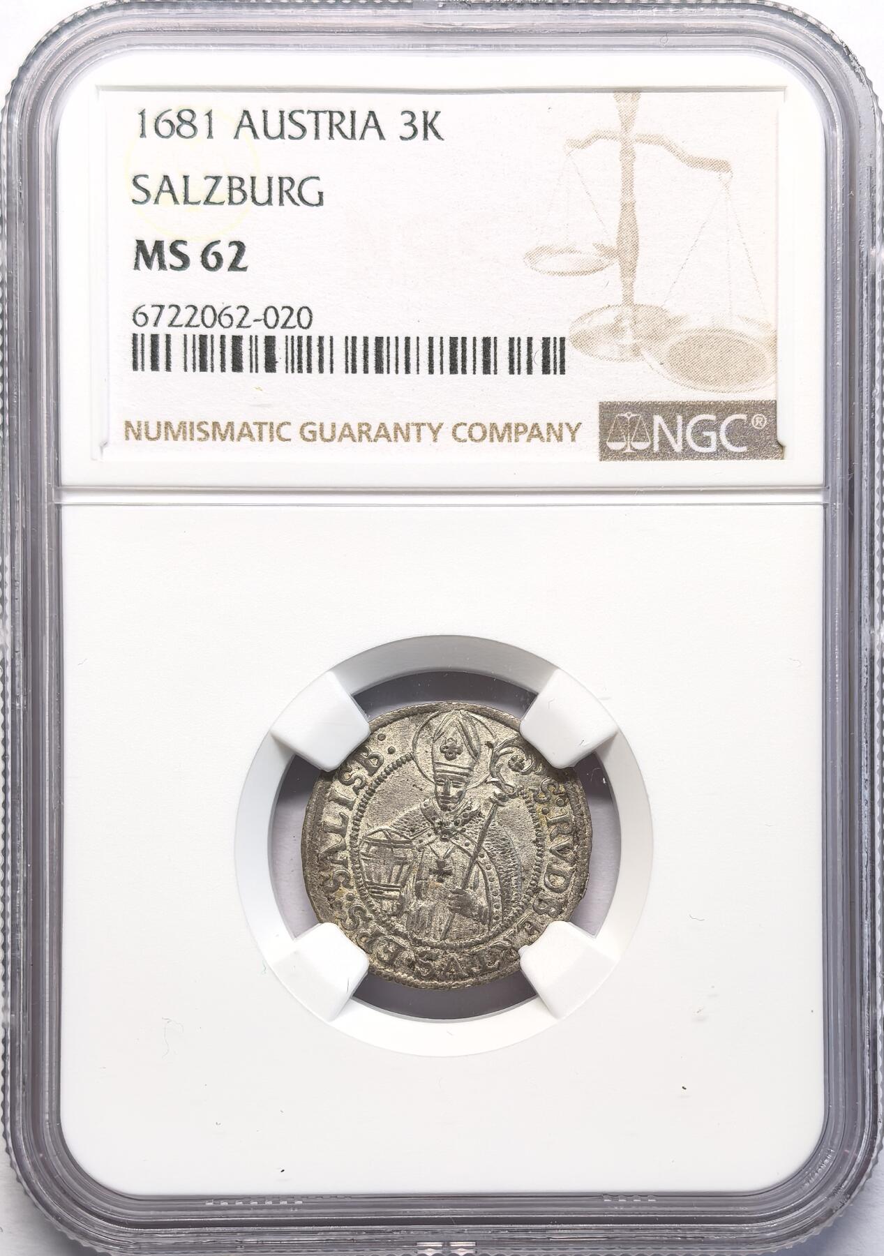FXS世界钱币微拍第二百八十七期 1681萨尔茨堡主教区3克鲁泽银币NGC-MS62，品相卓越！