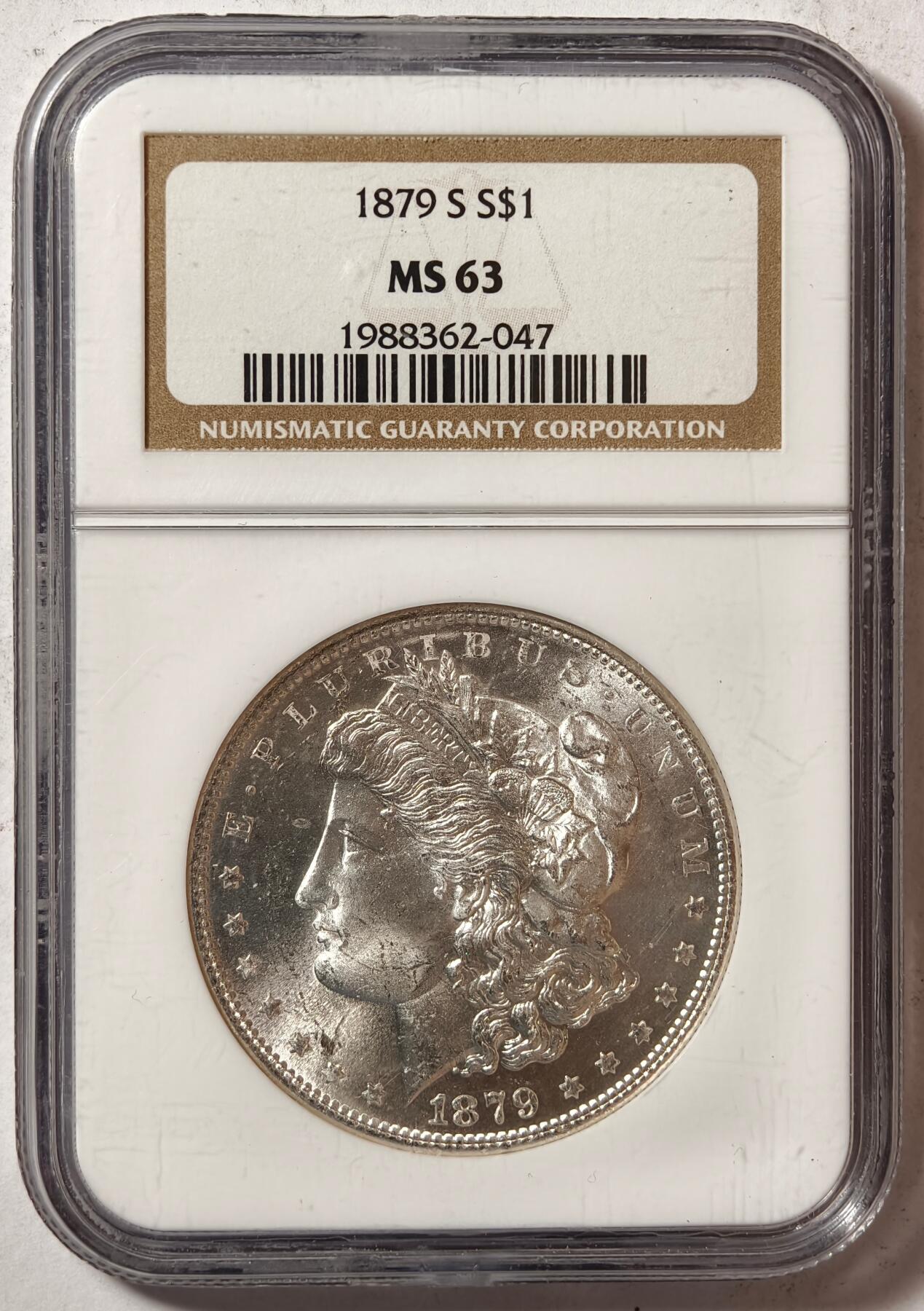 紫瑗钱币——第444期 美国 1879年 S版 摩根 大头妹 1美元 银币 NGC MS63