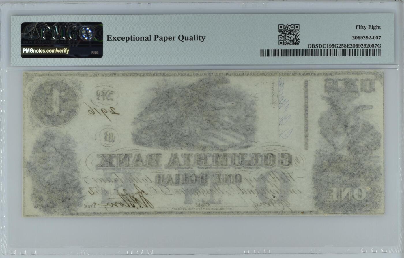 收藏联盟Quantum Auction 第387期拍卖  华盛顿哥伦比亚区1850s年1元 PMG58E 带签和编号实票