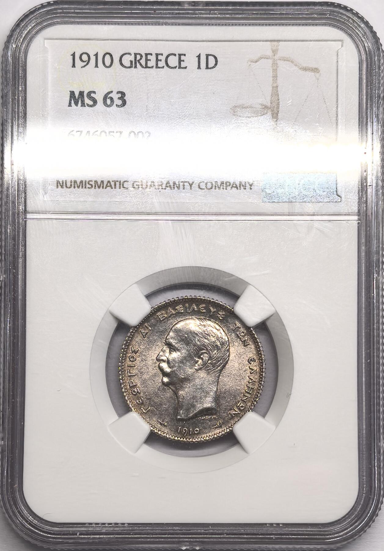 FXS世界钱币微拍第二百八十七期 1910希腊1德拉克马银币NGC-MS63，流通版高品稀见！
