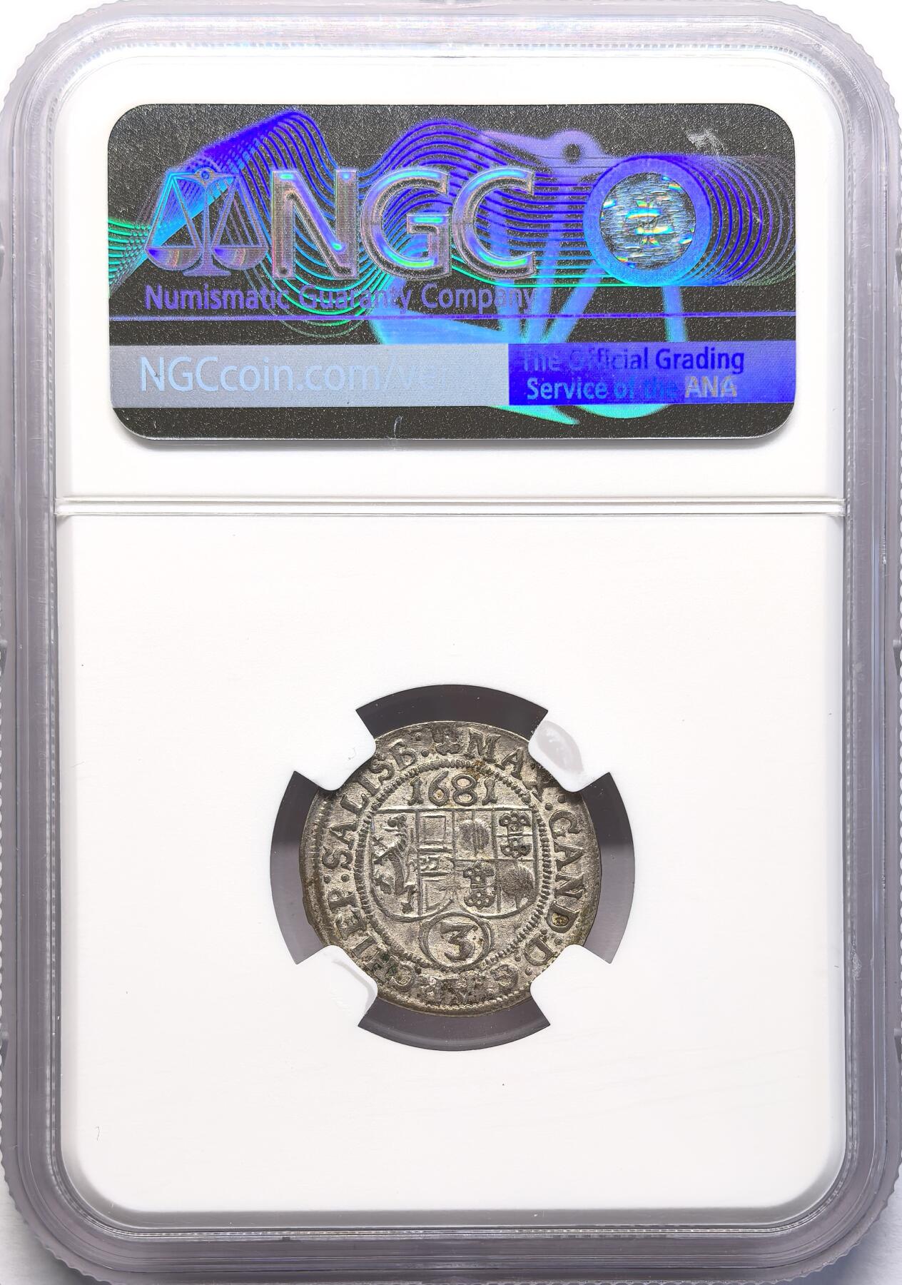 FXS世界钱币微拍第二百八十七期 1681萨尔茨堡主教区3克鲁泽银币NGC-MS62，品相卓越！