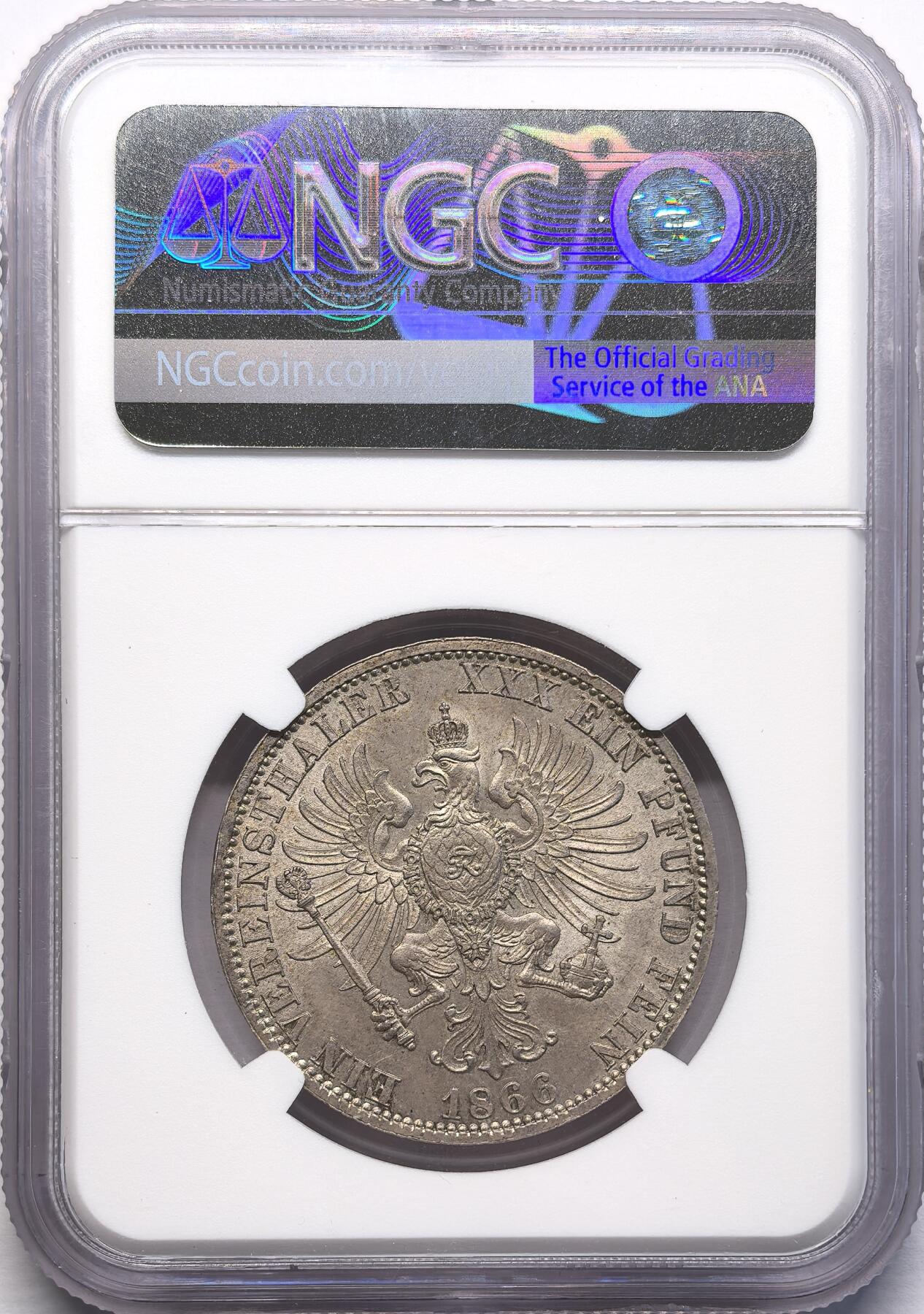 FXS世界钱币微拍第二百八十七期 1866A德国普奥战争胜利纪念泰勒NGC-MS64，哑光灰绿彩，设计经典的桂冠像威廉一世！