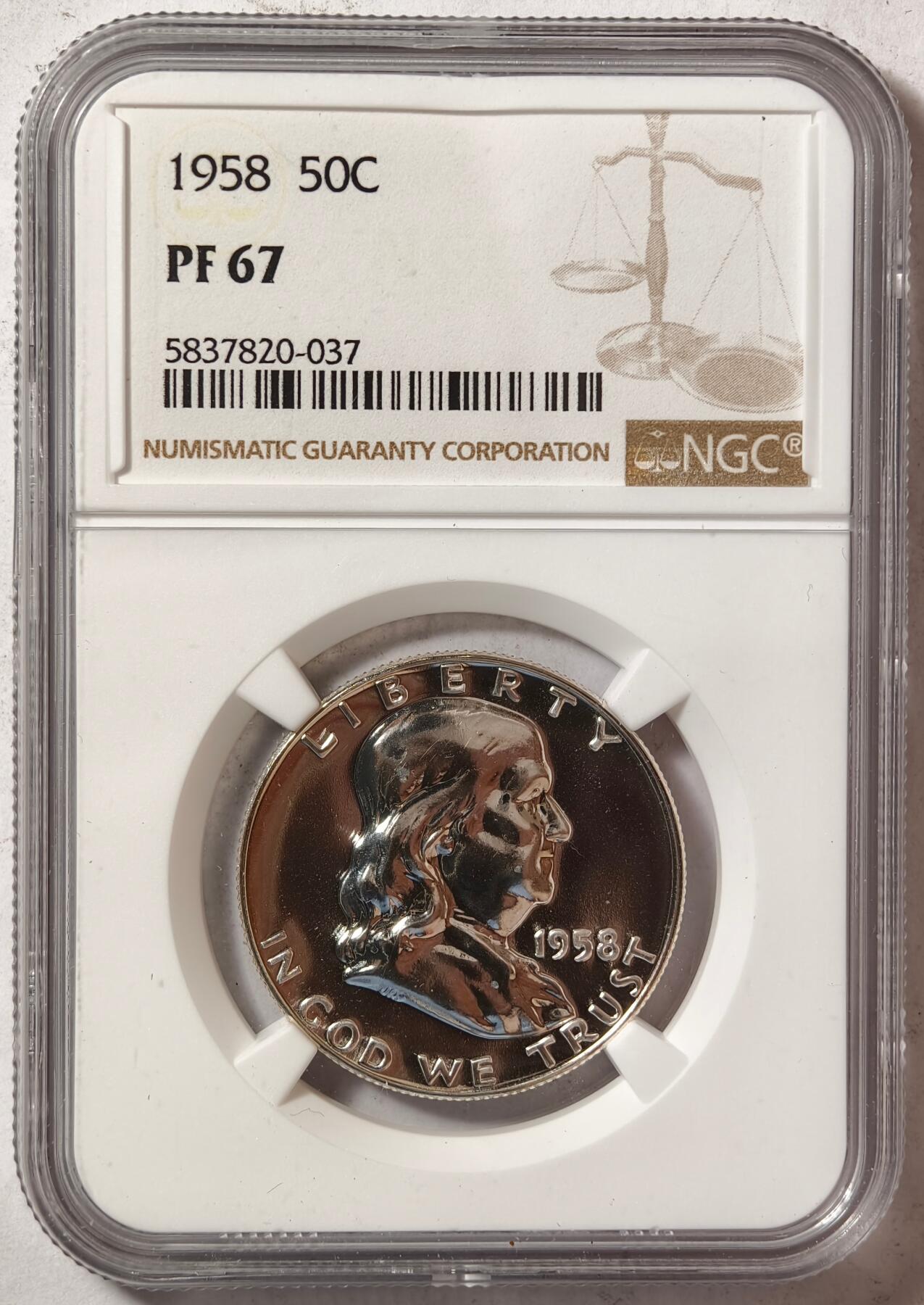 紫瑗钱币——第444期  美国 1958年 富兰克林 50美分 半美元 12.5克 0.9银 NGC PF67
