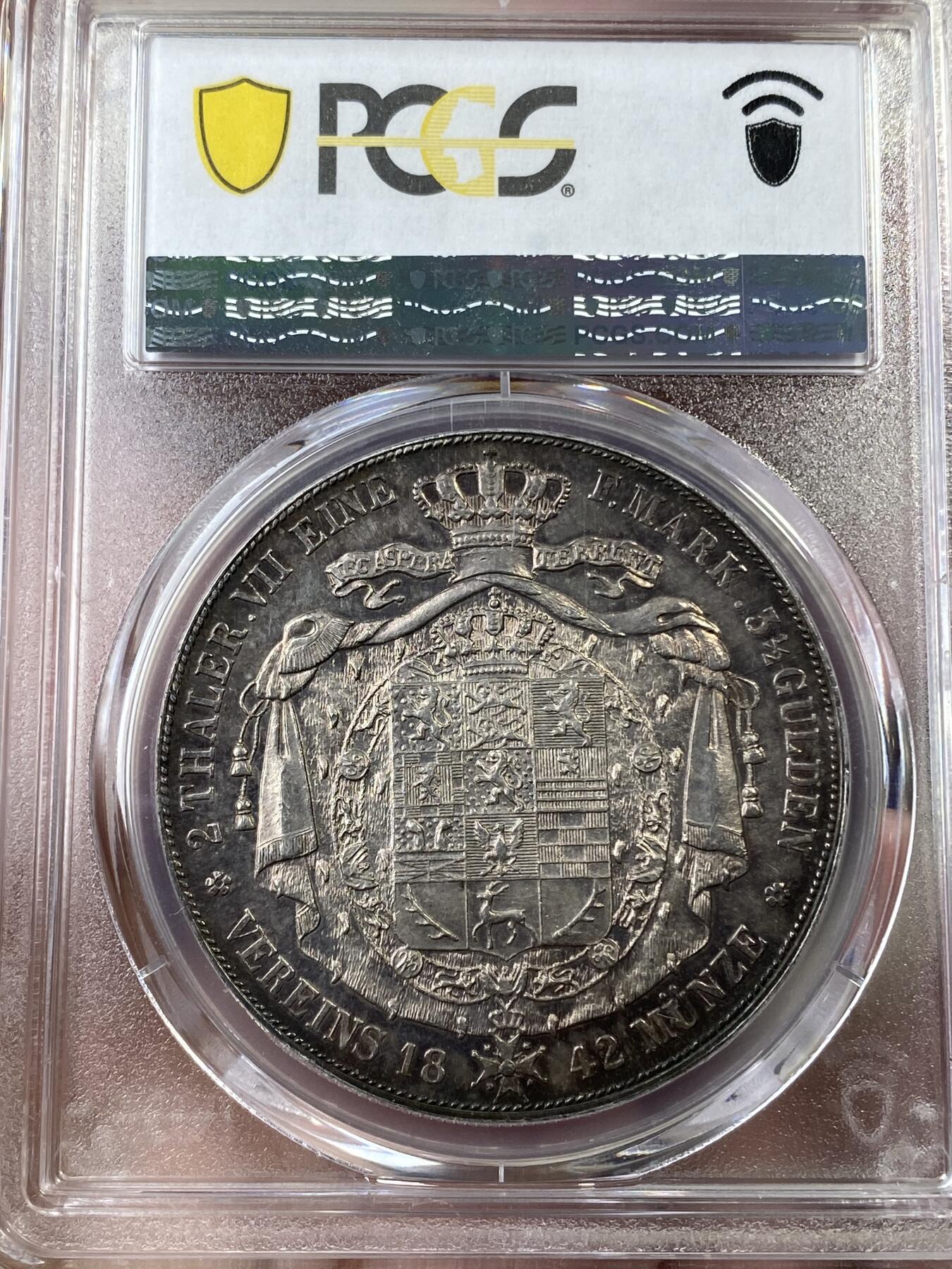 万国钱币拍卖第036期 PCGS MS61 1842年德国布伦瑞克-狼堡CVC流通2泰勒 好品极难的CVC狼堡2t，和无CVC的难度不在一个层面，全深打酱五彩状态，更高分仅1枚。