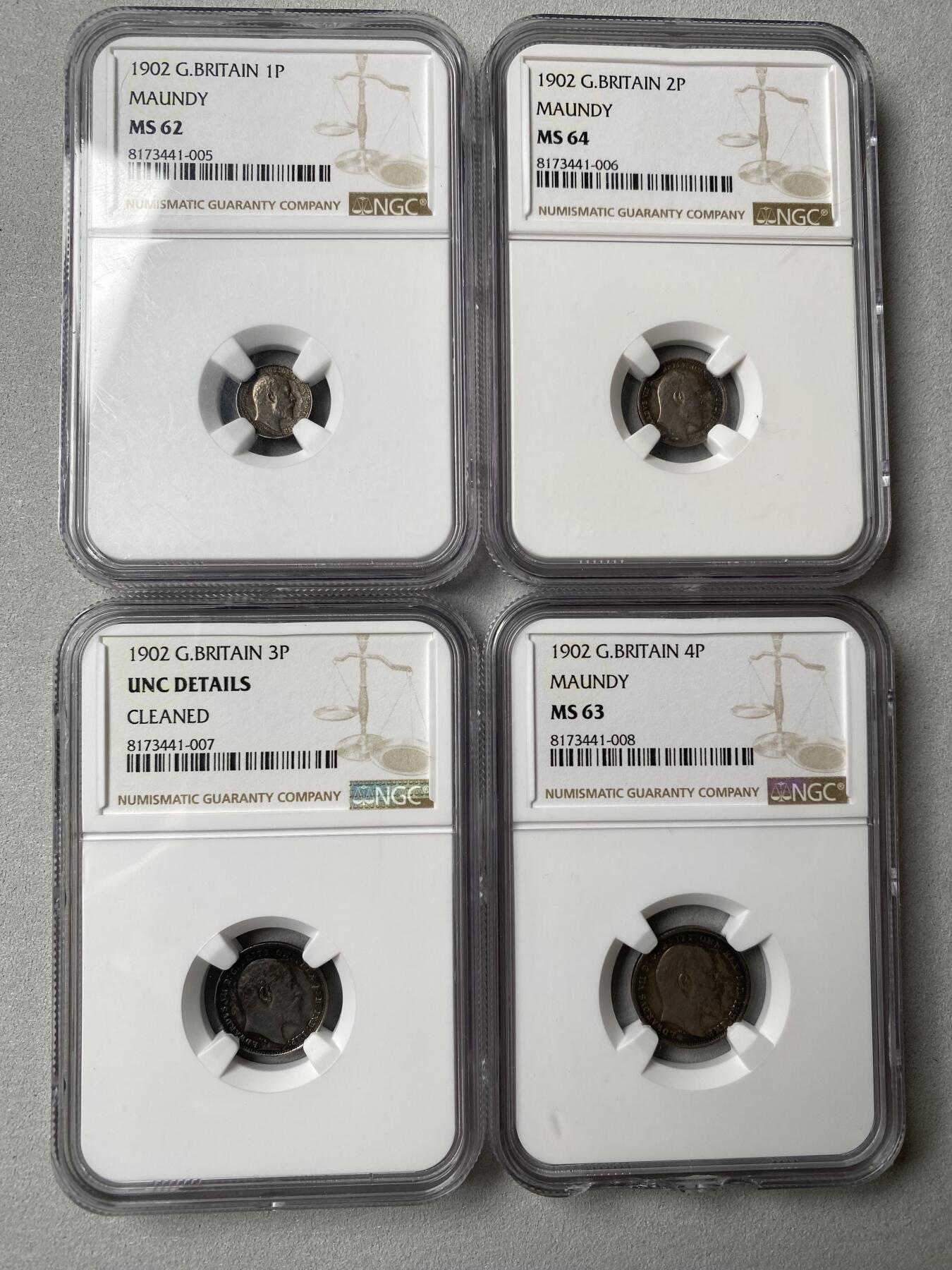万国钱币拍卖第036期 NGC UNCD～MS64 1902年英国爱德华七世濯足币一套四枚 带原盒（4P评级盒底部破损）