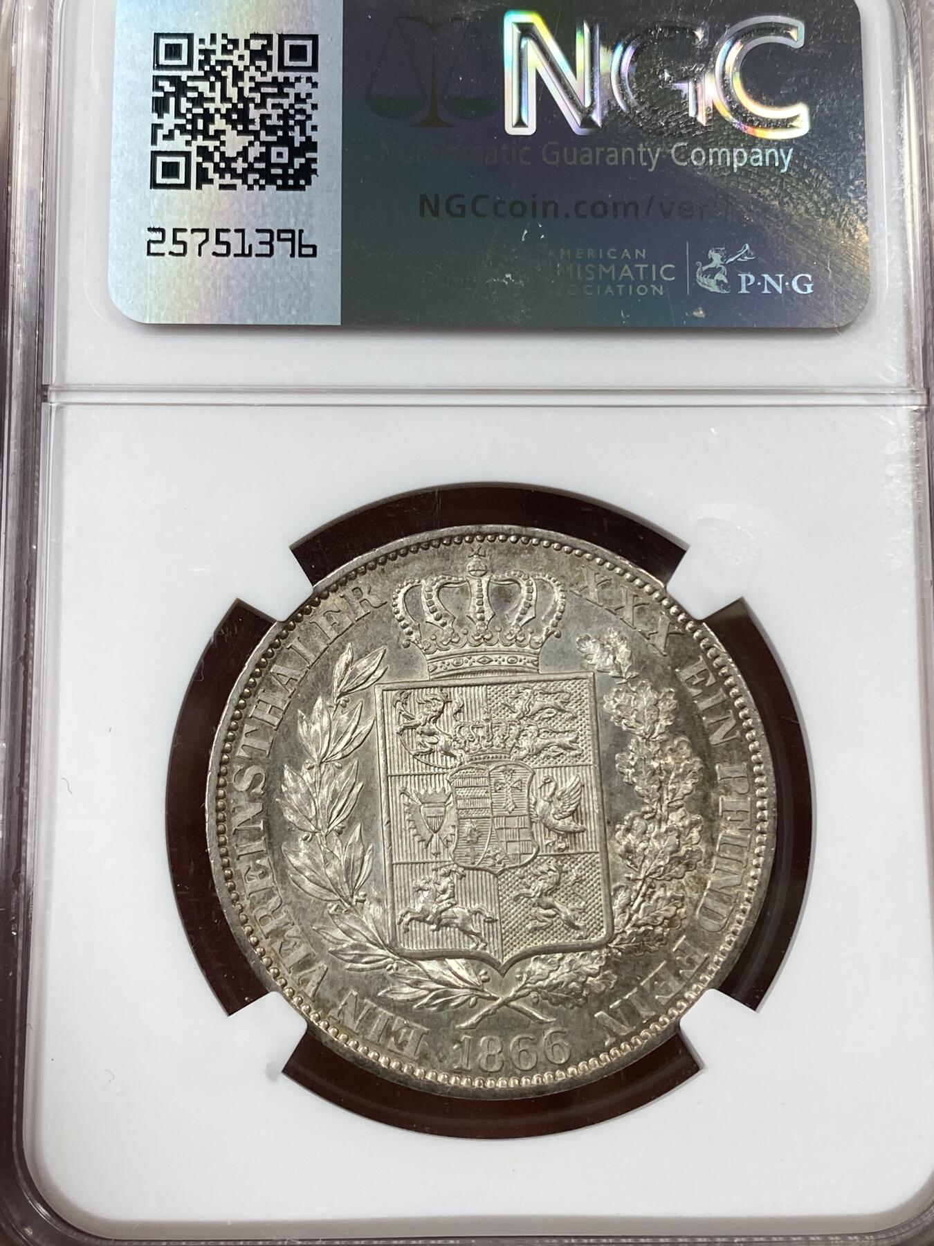 万国钱币拍卖第036期 NGC MS64 1866年德国欧登堡盾徽流通1泰勒 小邦名誉品种 BU难度奇大 玫瑰淡彩 堪称最为精美的邦徽泰勒之一