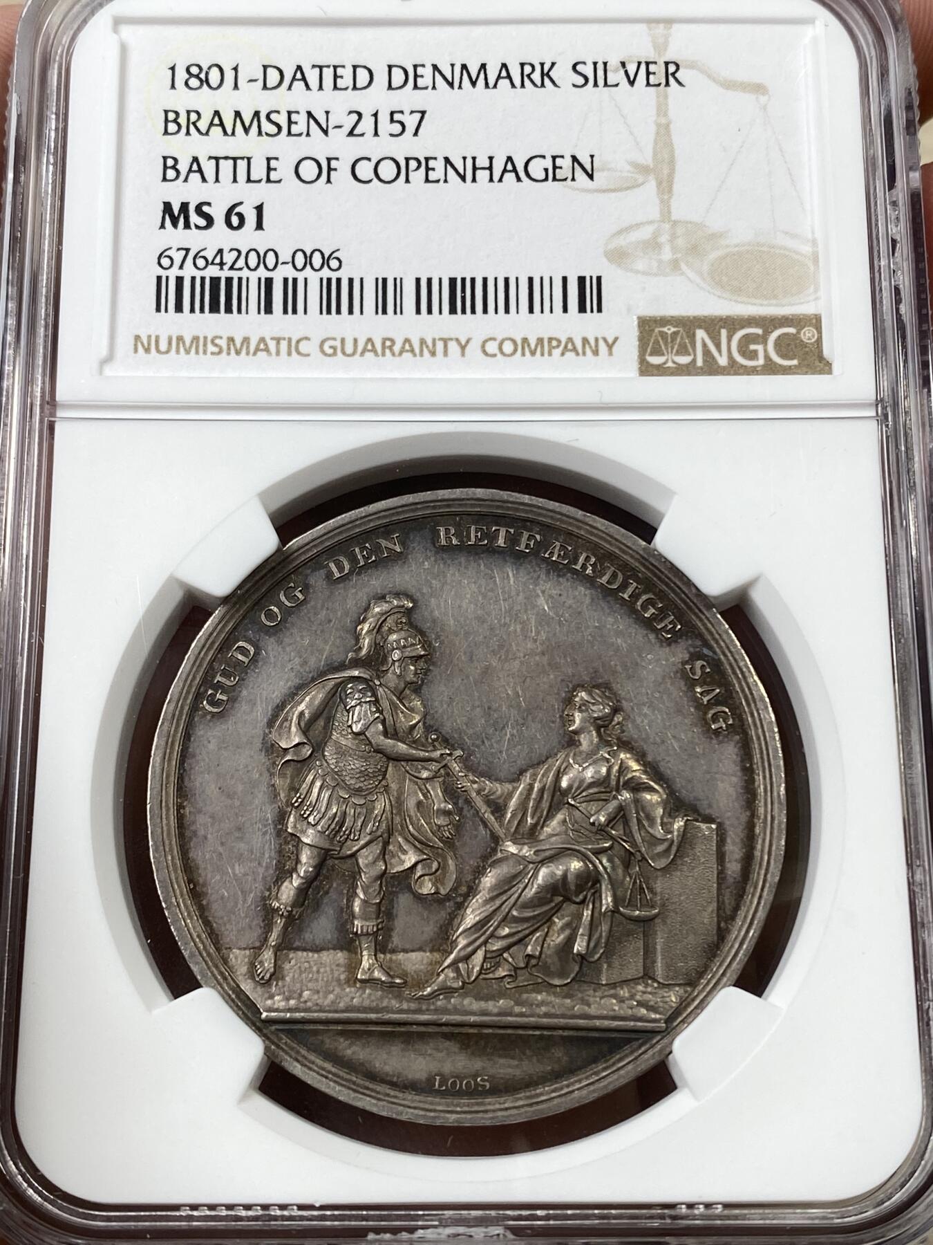 万国钱币拍卖第036期 NGC MS61 1801年丹麦克里斯蒂安七世纪念哥本哈根战役银章 战神与九头龙激战