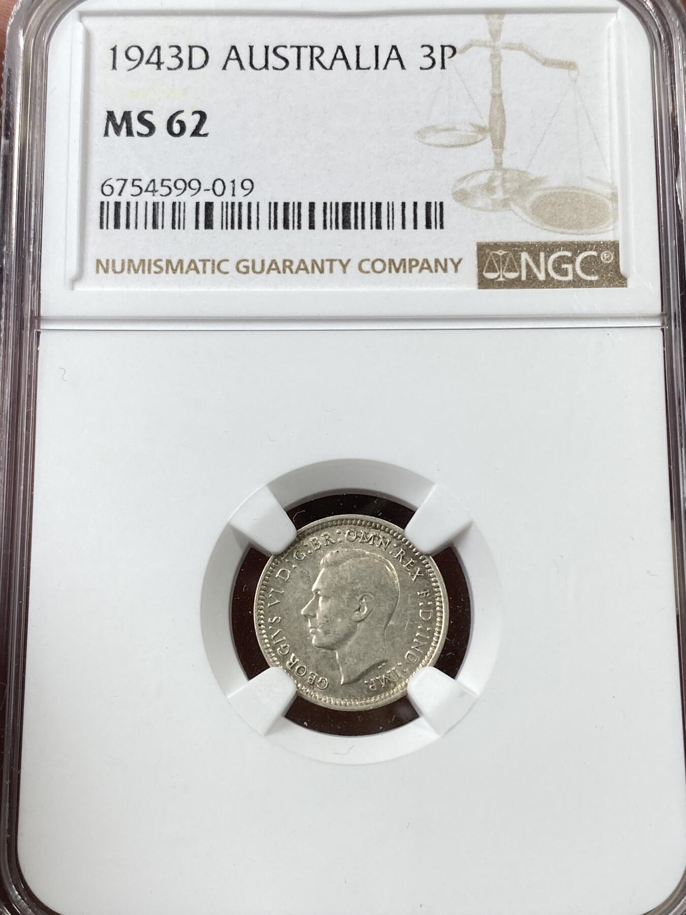 万国钱币拍卖第036期 NGC MS62 1943年英属澳大利亚乔治六世3便士
