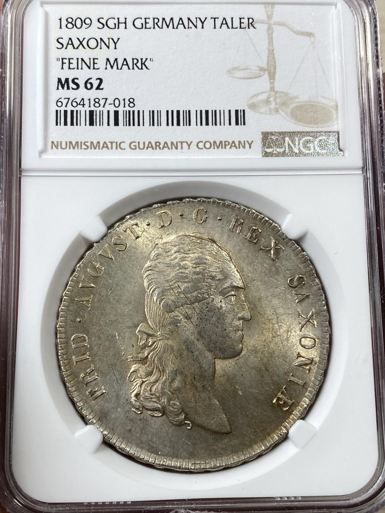 万国钱币拍卖第036期 NGC MS62 1809年德国萨克森奥古斯特皇冠大泰勒 全深打黄油转光 超级难得的品相