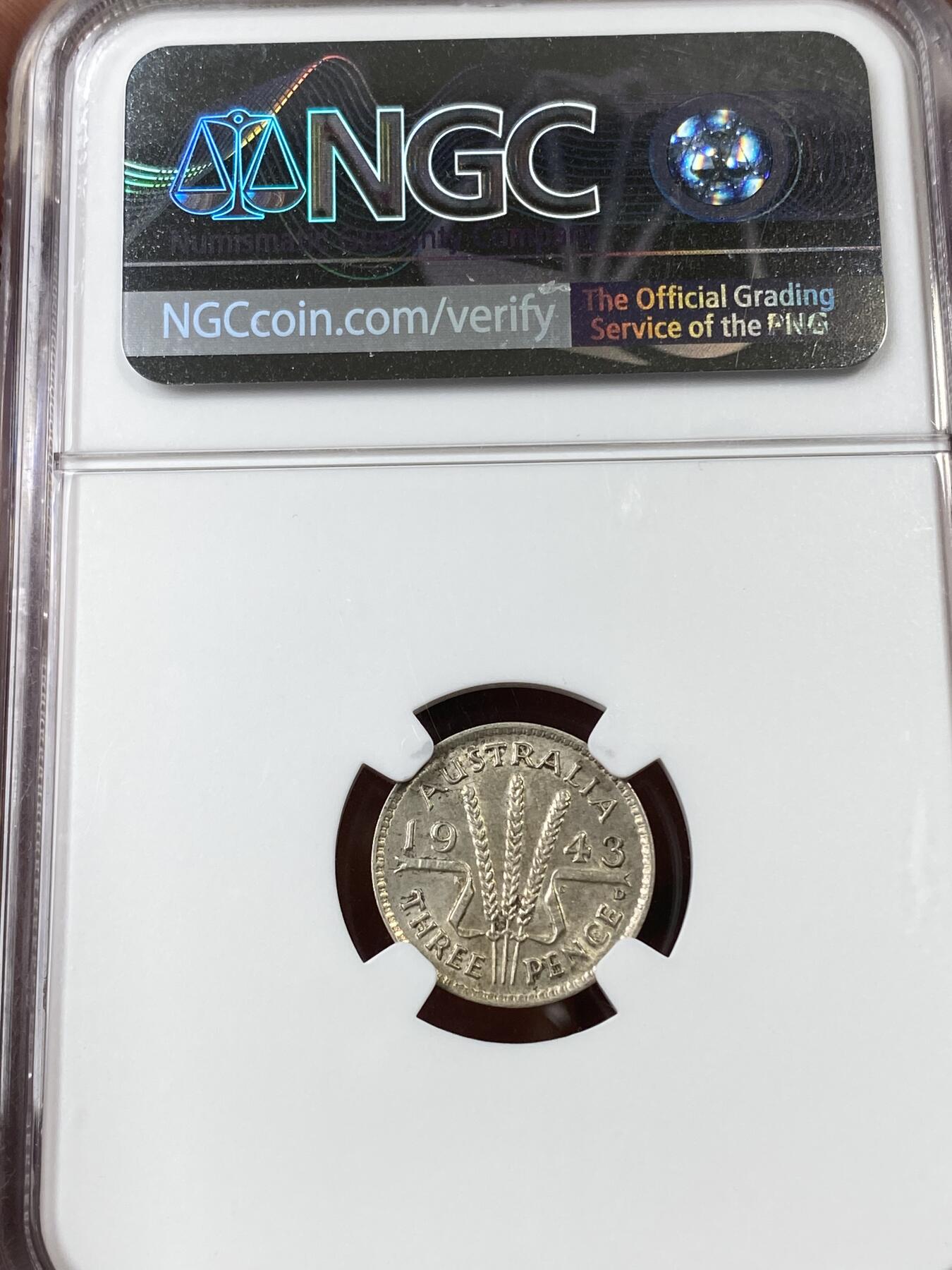 万国钱币拍卖第036期 NGC MS62 1943年英属澳大利亚乔治六世3便士
