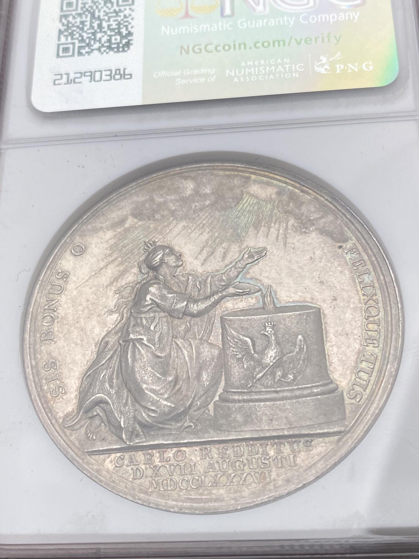 万国钱币拍卖第036期 NGC MS62 1786年德国普鲁士腓特烈大帝逝世纪念大银章 高浮雕五彩名家LOOS设计 42MM 26.5G