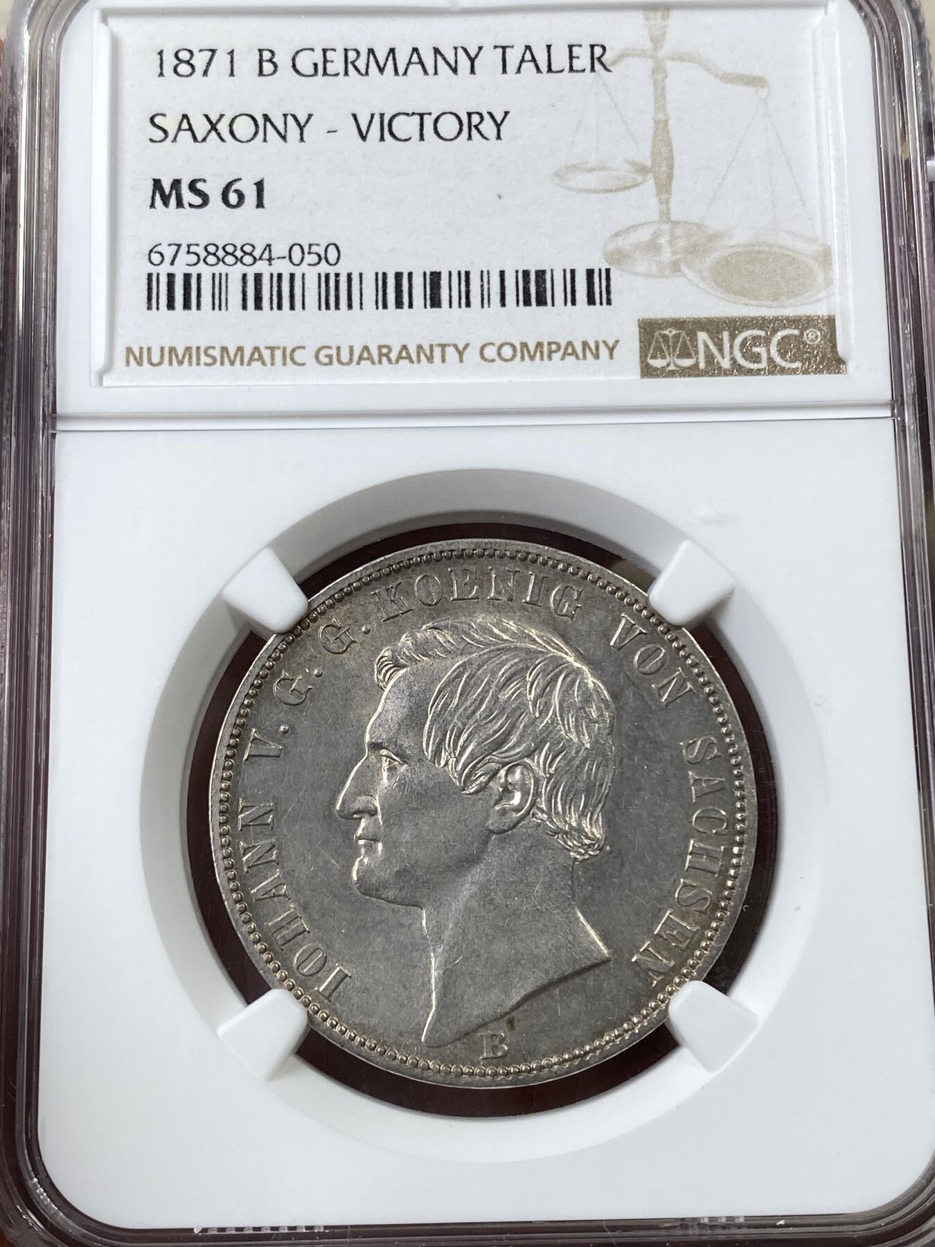 万国钱币拍卖第036期 NGC MS61 1871年德国萨克森普法战争胜利纪念1泰勒 胜利系列中最难的品种 女武神与战马的组合英姿飒爽 原光品质