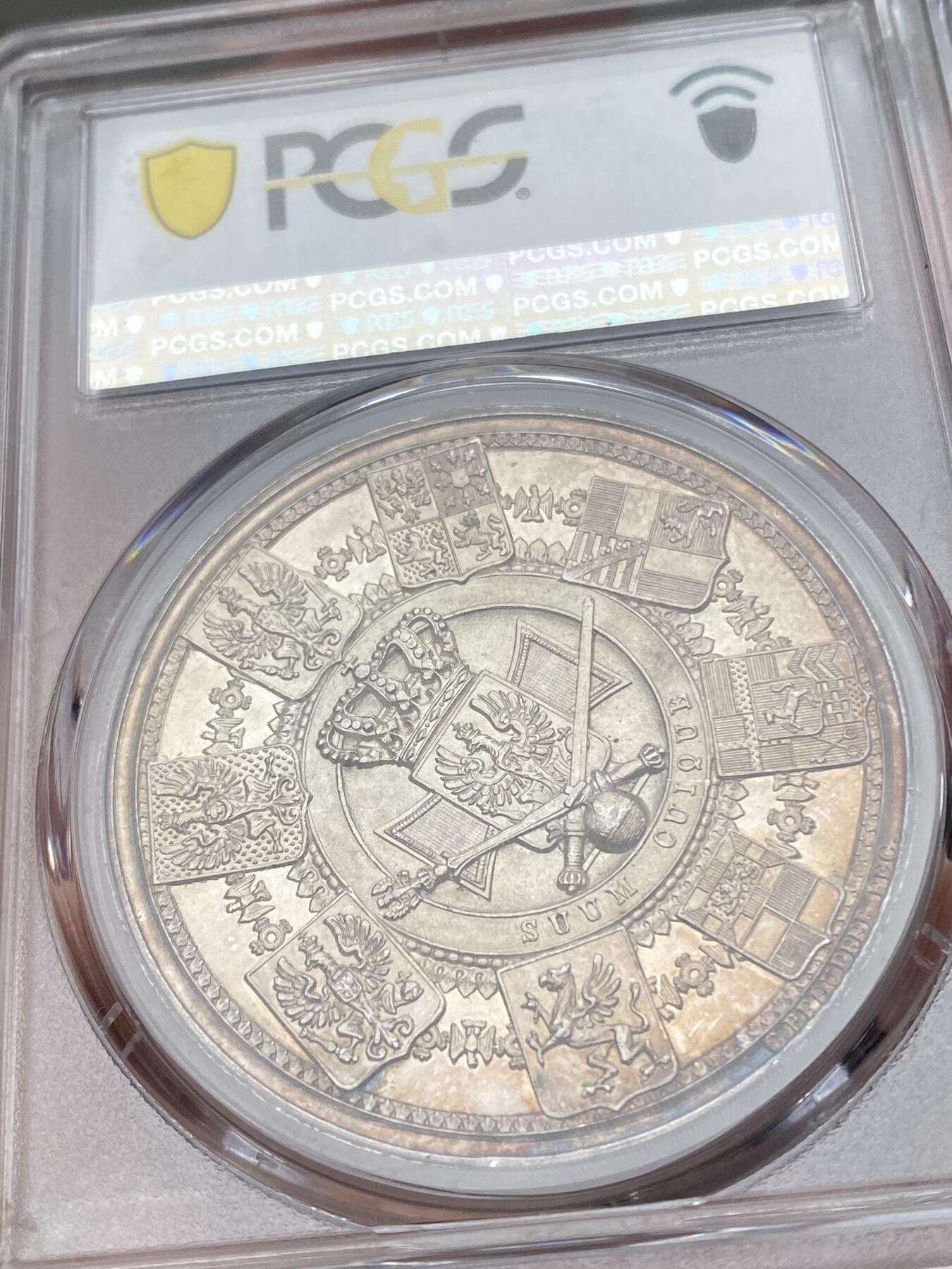 万国钱币拍卖第036期 PCGS SP62 1861年德国普鲁士威廉一世加冕纪念大银章 名誉品种镜面喷砂感重 环玫瑰红彩
