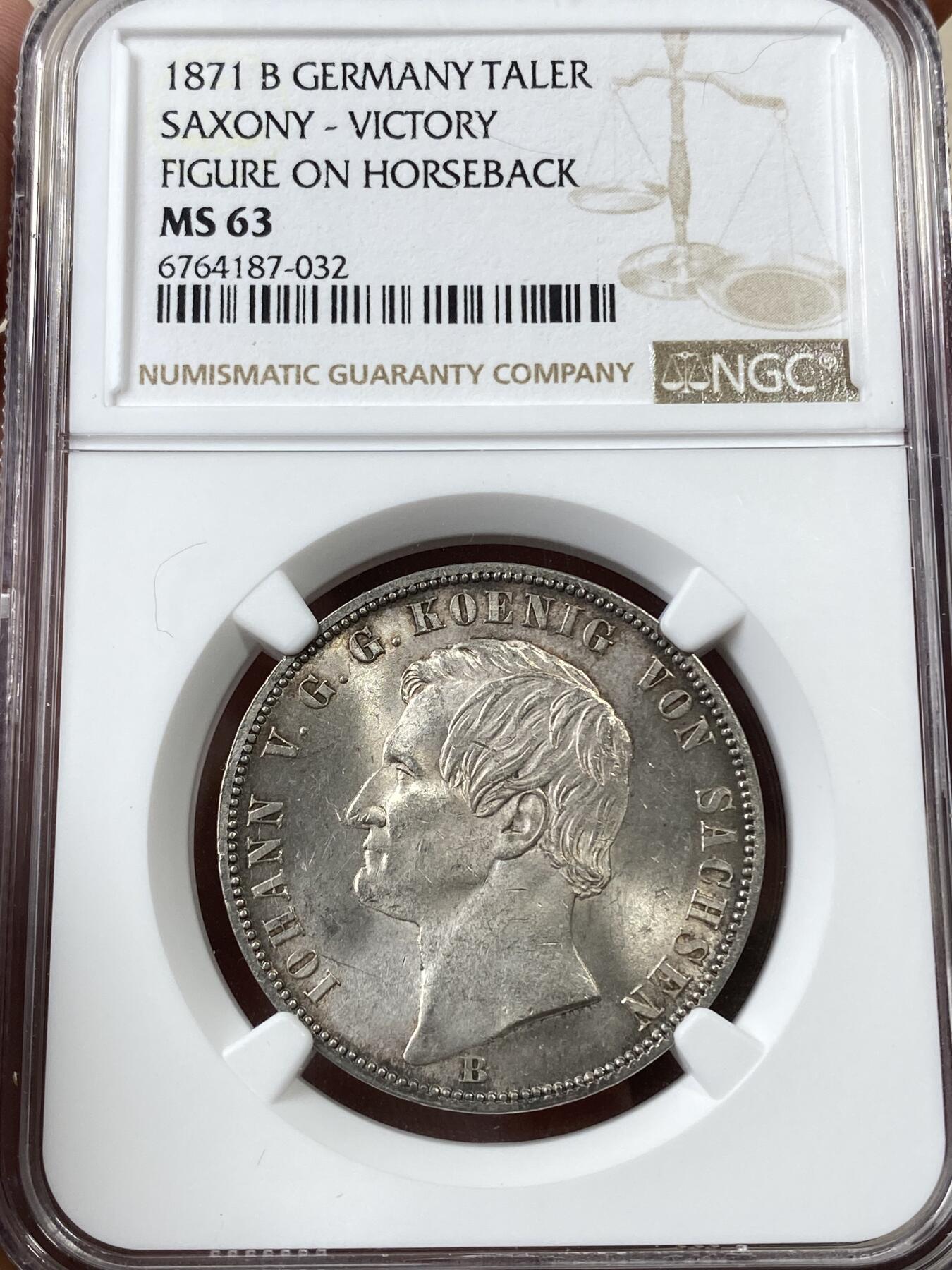 万国钱币拍卖第036期 NGC MS63 1871年德国萨克森普法战争胜利纪念1泰勒 胜利系列中最难的品种 女武神与战马的组合英姿飒爽 全原光状态 细节炸裂