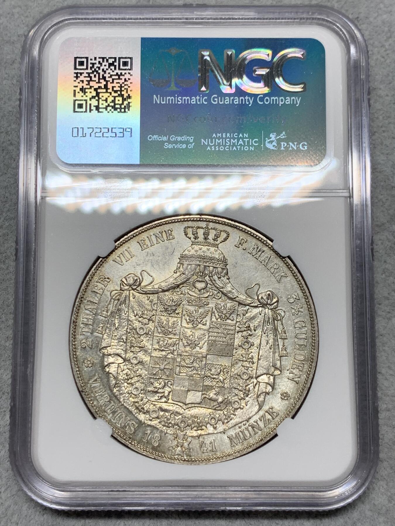 《竞宝斋》第322场 周日，周一，2场连拍 （全场包邮） NGC MS62 德国 普鲁士1841年洋葱头大窗帘2泰勒银币 37克大银币 淡金包浆 PL底板 不可多得的状态