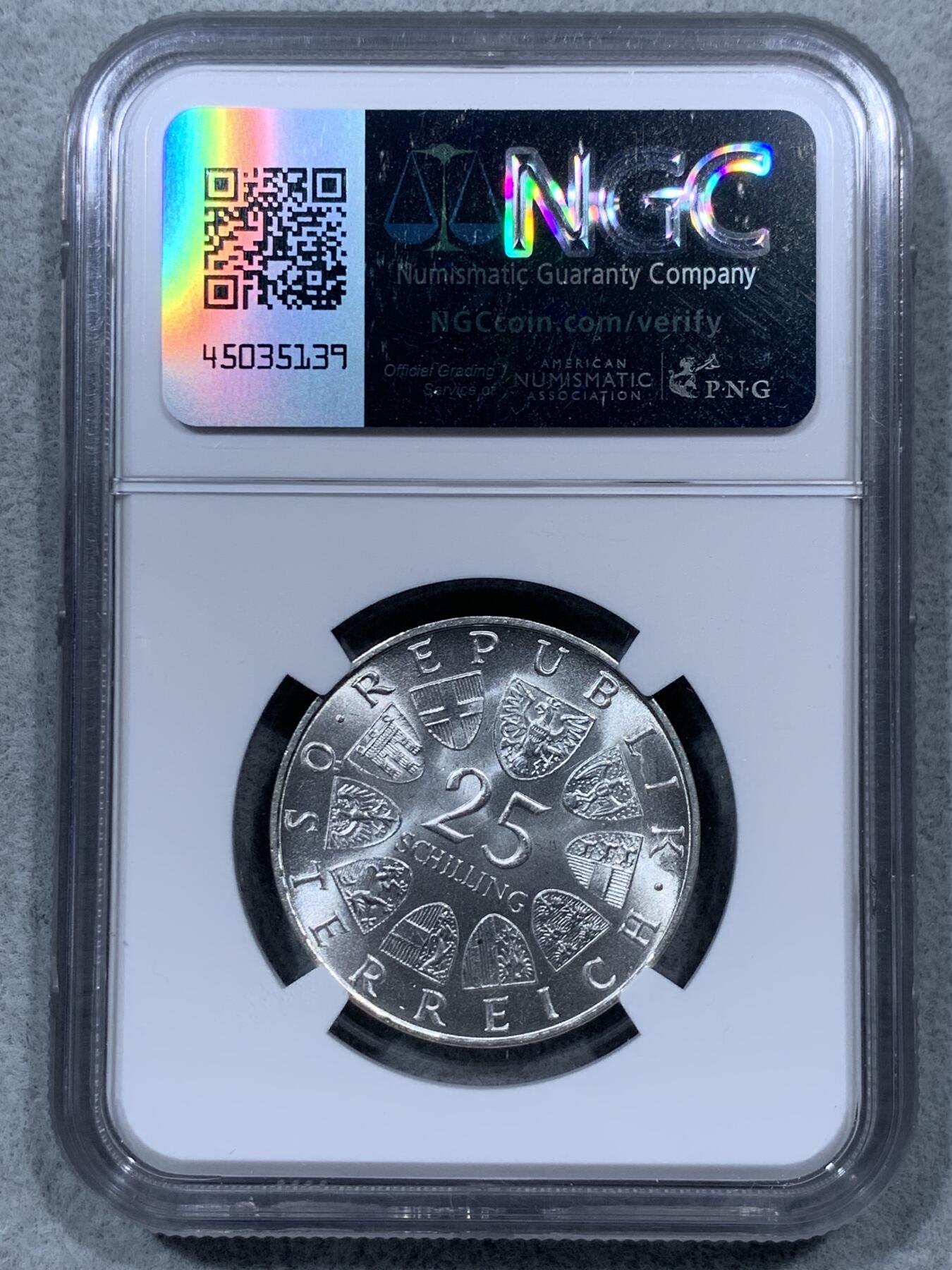 《竞宝斋》第322场 周日，周一，2场连拍 （全场包邮） NGC MS63 奥地利1964年弗朗茨·格里尔帕泽25先令银币
