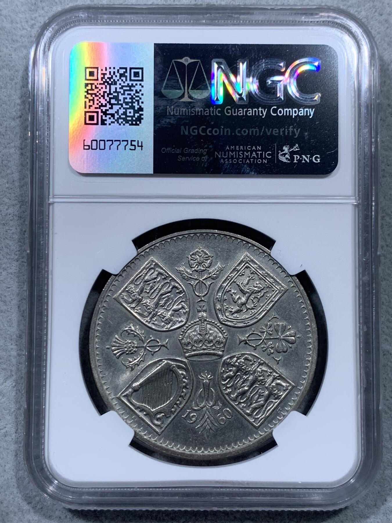 《竞宝斋》第322场 周日，周一，2场连拍 （全场包邮） NGC MS64 英国1960年伊丽莎白二世纪念克朗 年轻头像，比1953少见，品相很漂亮