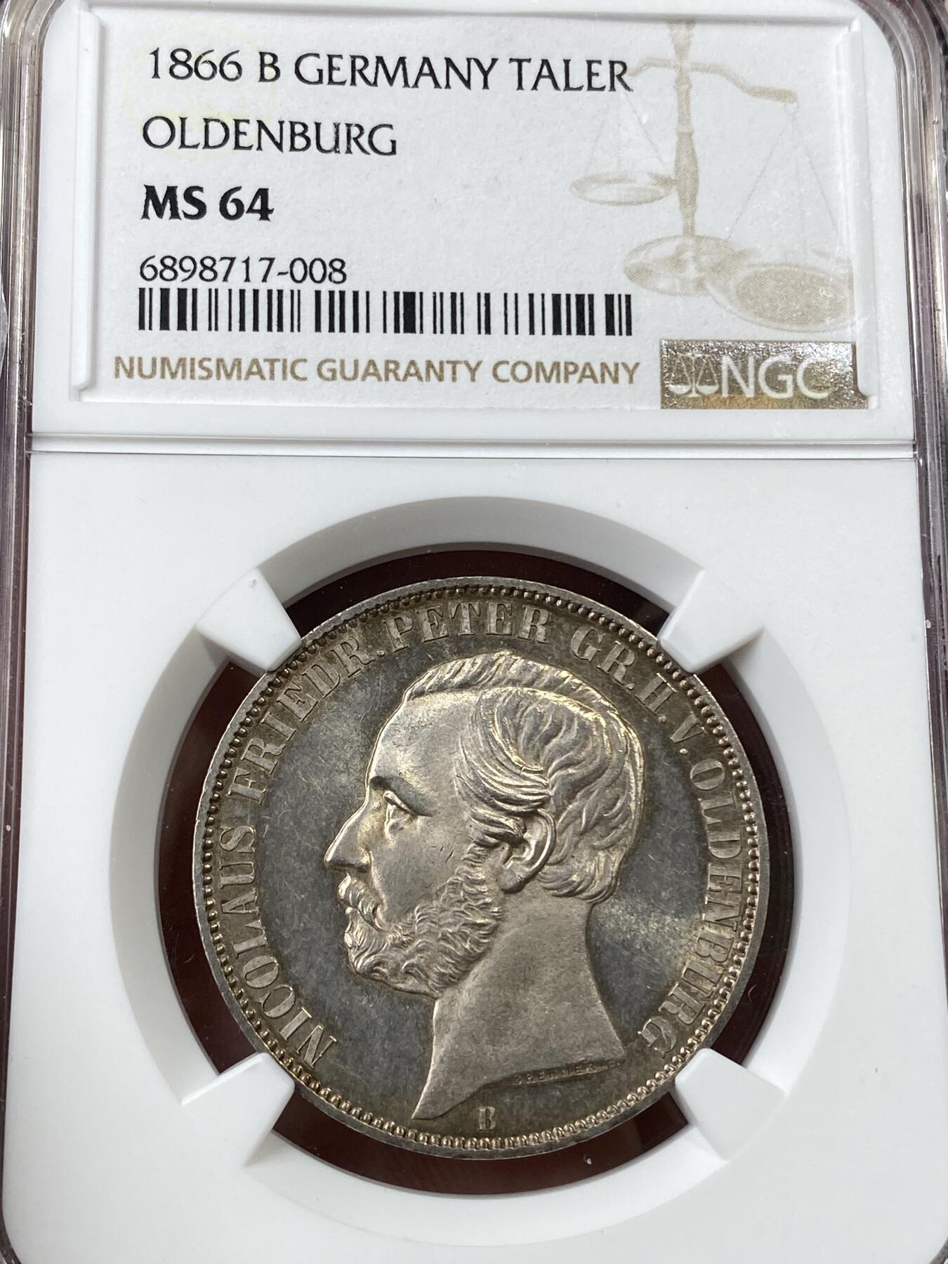 万国钱币拍卖第036期 NGC MS64 1866年德国欧登堡盾徽流通1泰勒 小邦名誉品种 BU难度奇大 玫瑰淡彩 堪称最为精美的邦徽泰勒之一