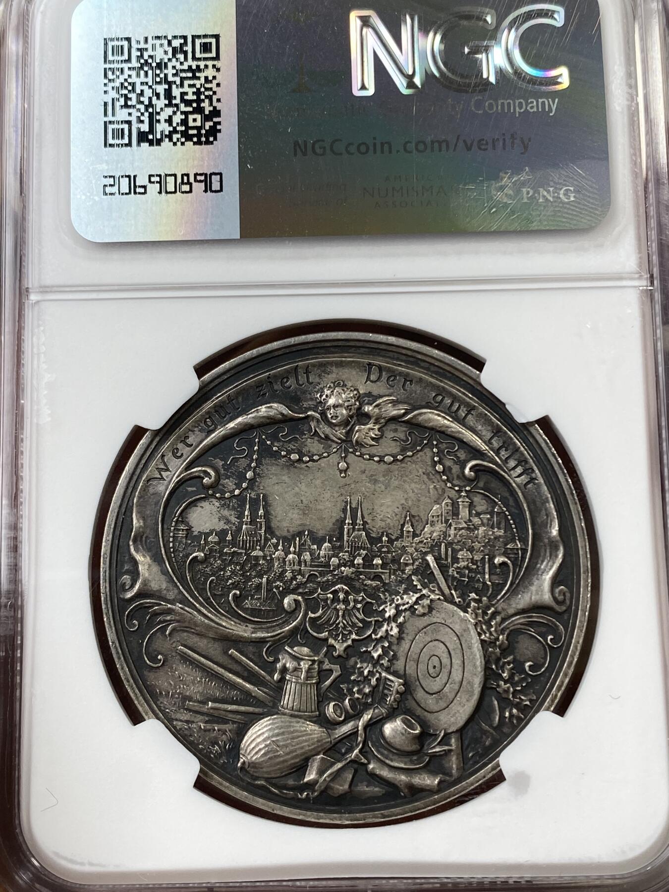 万国钱币拍卖第036期 NGC UNCD 1897年德国纽伦堡射击节纪念大银章 高浮雕名誉品种 双面原味包浆 高点完美