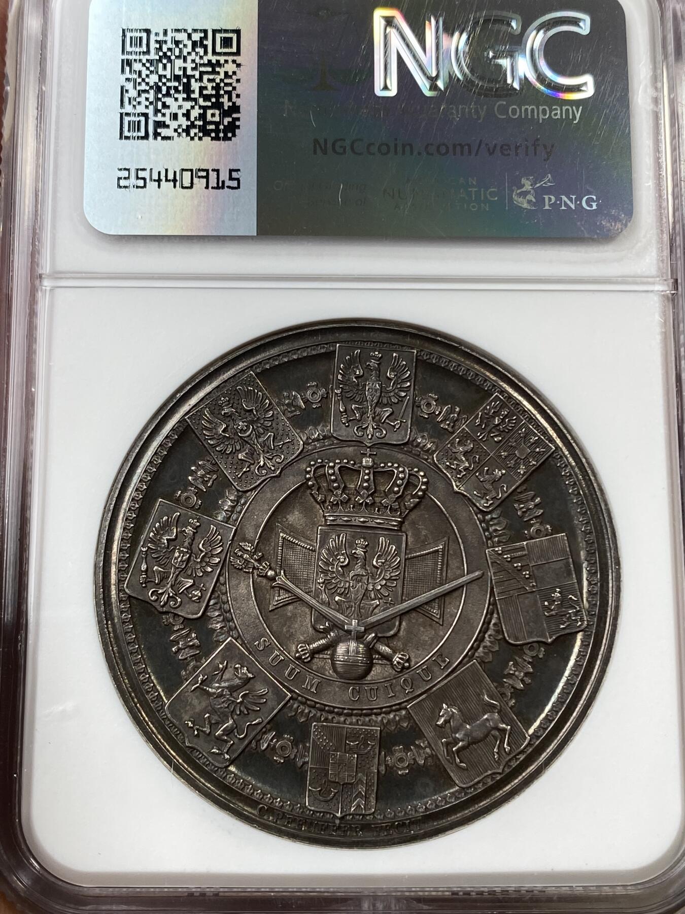 万国钱币拍卖第036期 NGC MS611840年德国普鲁士威廉四世加冕纪念大银章 NGC标注1861有误 通体五彩普鲁士经典高浮雕加冕系列名誉品种