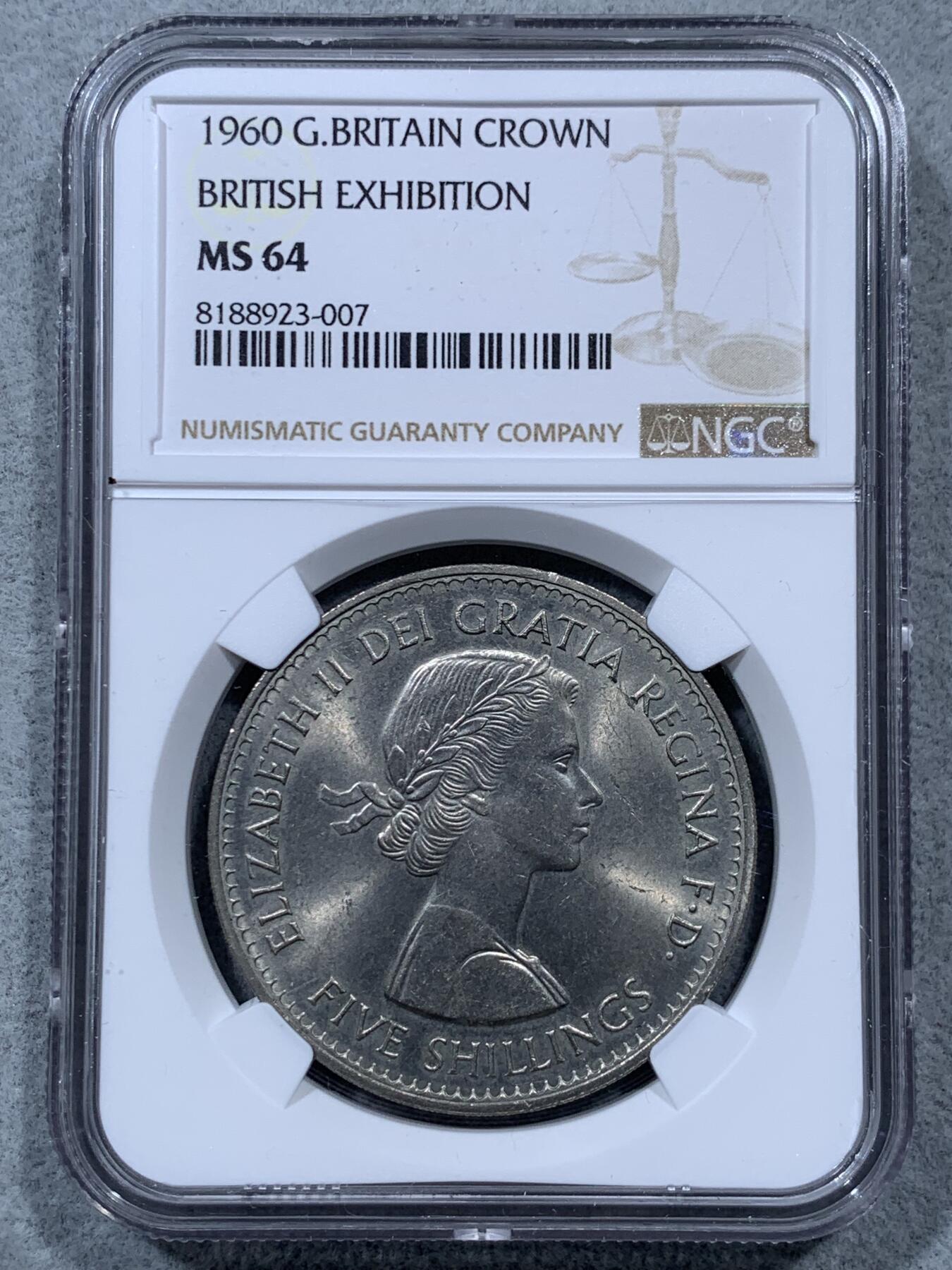 《竞宝斋》第322场 周日，周一，2场连拍 （全场包邮） NGC MS64 英国1960年伊丽莎白二世纪念克朗 年轻头像，比1953少见，品相很漂亮