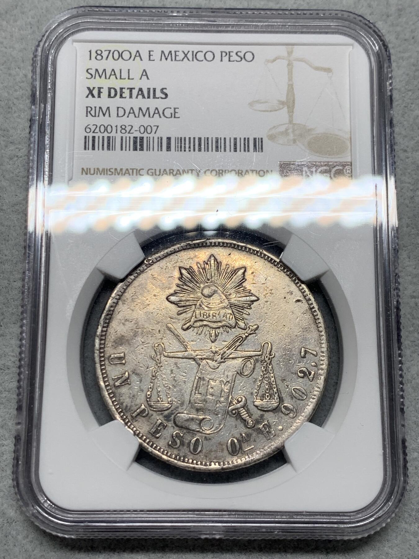 《竞宝斋》第322场 周日，周一，2场连拍 （全场包邮） NGC XFD 墨西哥天平鹰洋 1870年 1比索 小A版 银币 少见的OA厂 天平