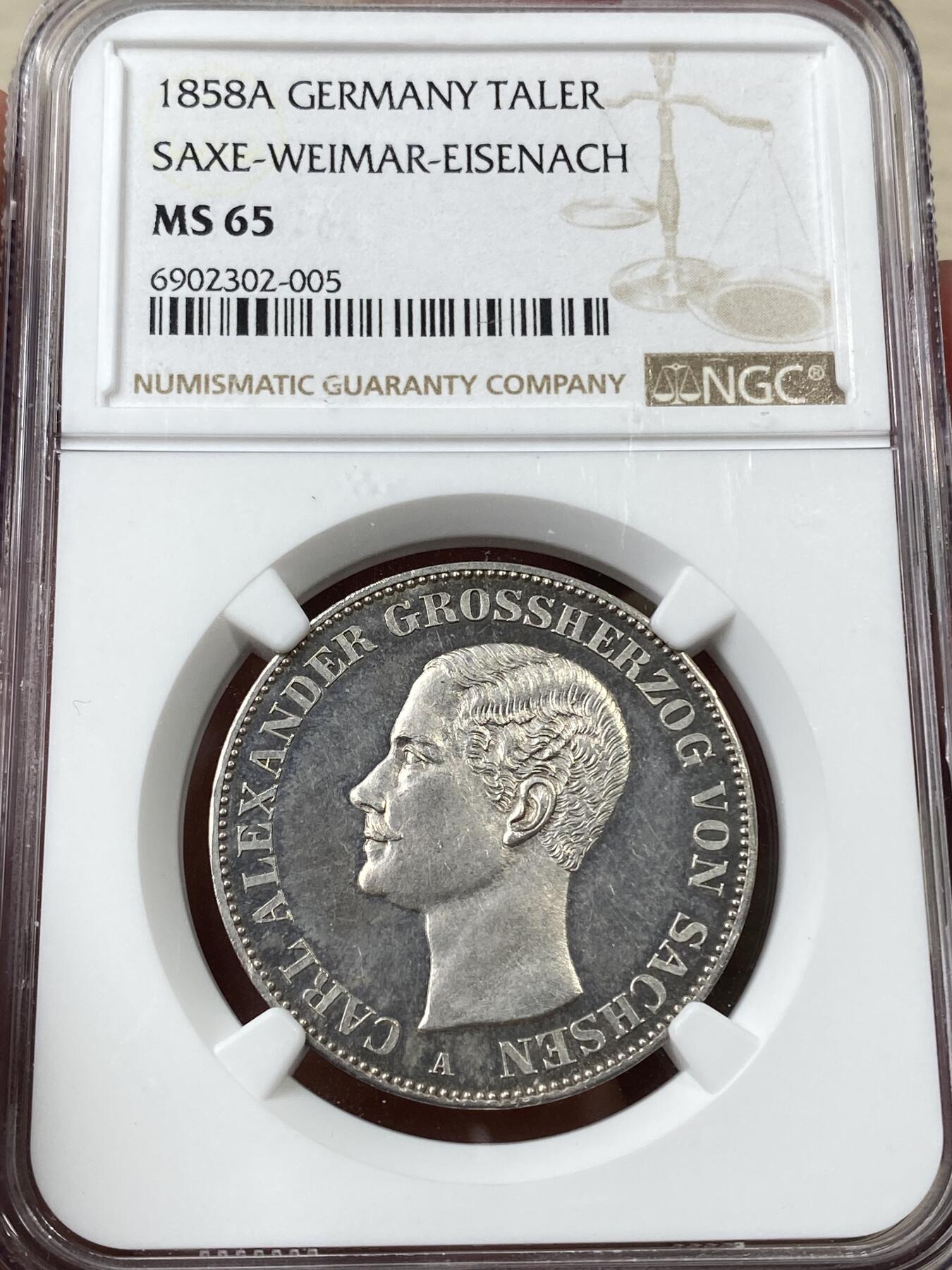 万国钱币拍卖第036期 NGC MS65 1858年德国萨克森-魏玛-爱森纳赫纹章流通1泰勒 高难小邦品种 如此BU级别更是可遇不可求 类镜面顶级品质 NGC唯一冠军分