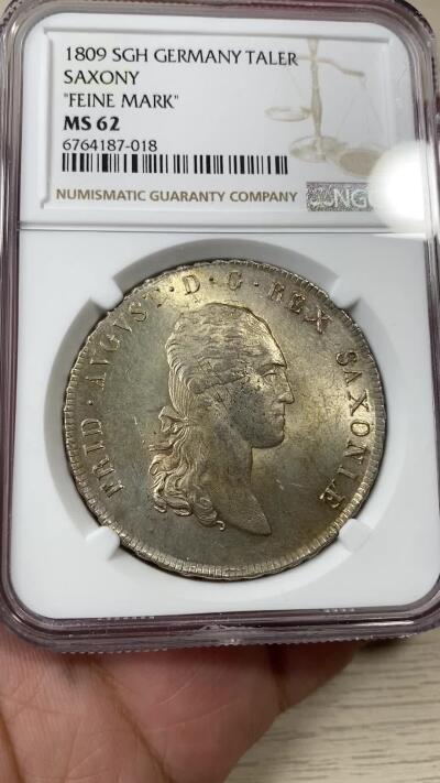 万国钱币拍卖第036期 NGC MS62 1809年德国萨克森奥古斯特皇冠大泰勒 全深打黄油转光 超级难得的品相