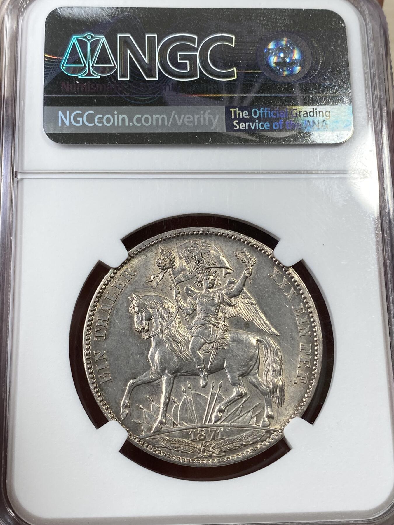 万国钱币拍卖第036期 NGC MS61 1871年德国萨克森普法战争胜利纪念1泰勒 胜利系列中最难的品种 女武神与战马的组合英姿飒爽 原光品质