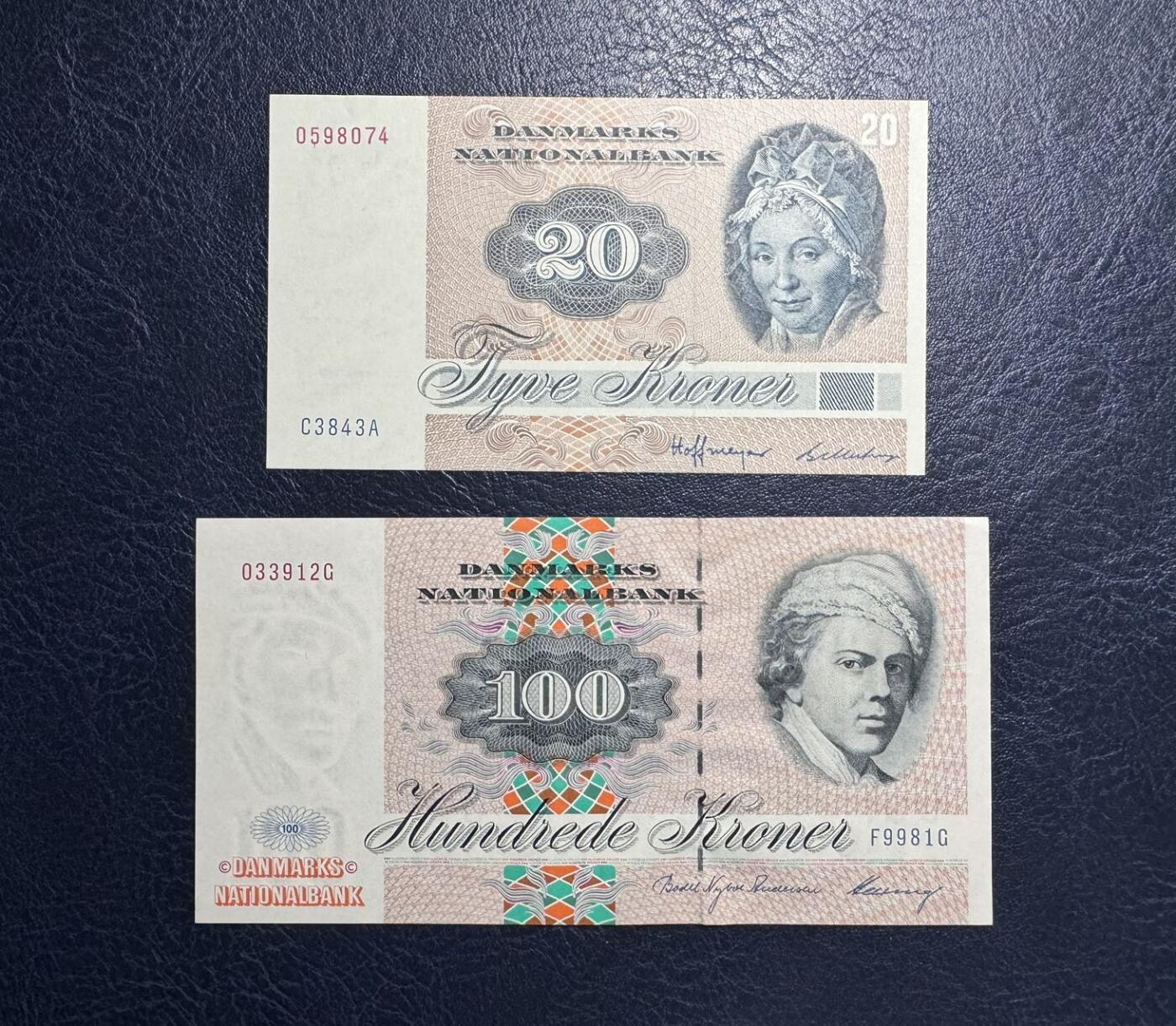 收藏联盟Quantum Auction 第387期拍卖  丹麦1984年20克朗和1998年100克朗 品相UNC 边角有瑕疵
