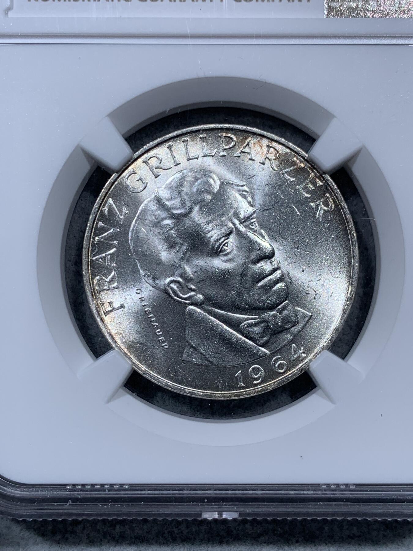 《竞宝斋》第322场 周日，周一，2场连拍 （全场包邮） NGC MS63 奥地利1964年弗朗茨·格里尔帕泽25先令银币