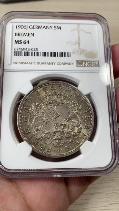 万国钱币拍卖第036期 NGC MS64 1906年德国不莱梅长翅流通5马克 自由市名誉品种 原味香槟彩
