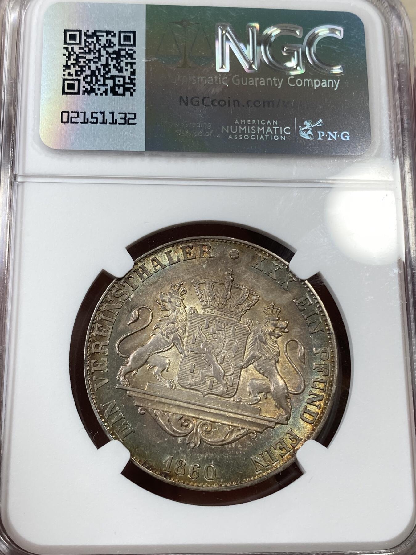 万国钱币拍卖第036期 NGC AU58 1860年德国拿骚双狮盾徽流通1泰勒 经典小邦 罕见品种 如此原味酱彩实在难得