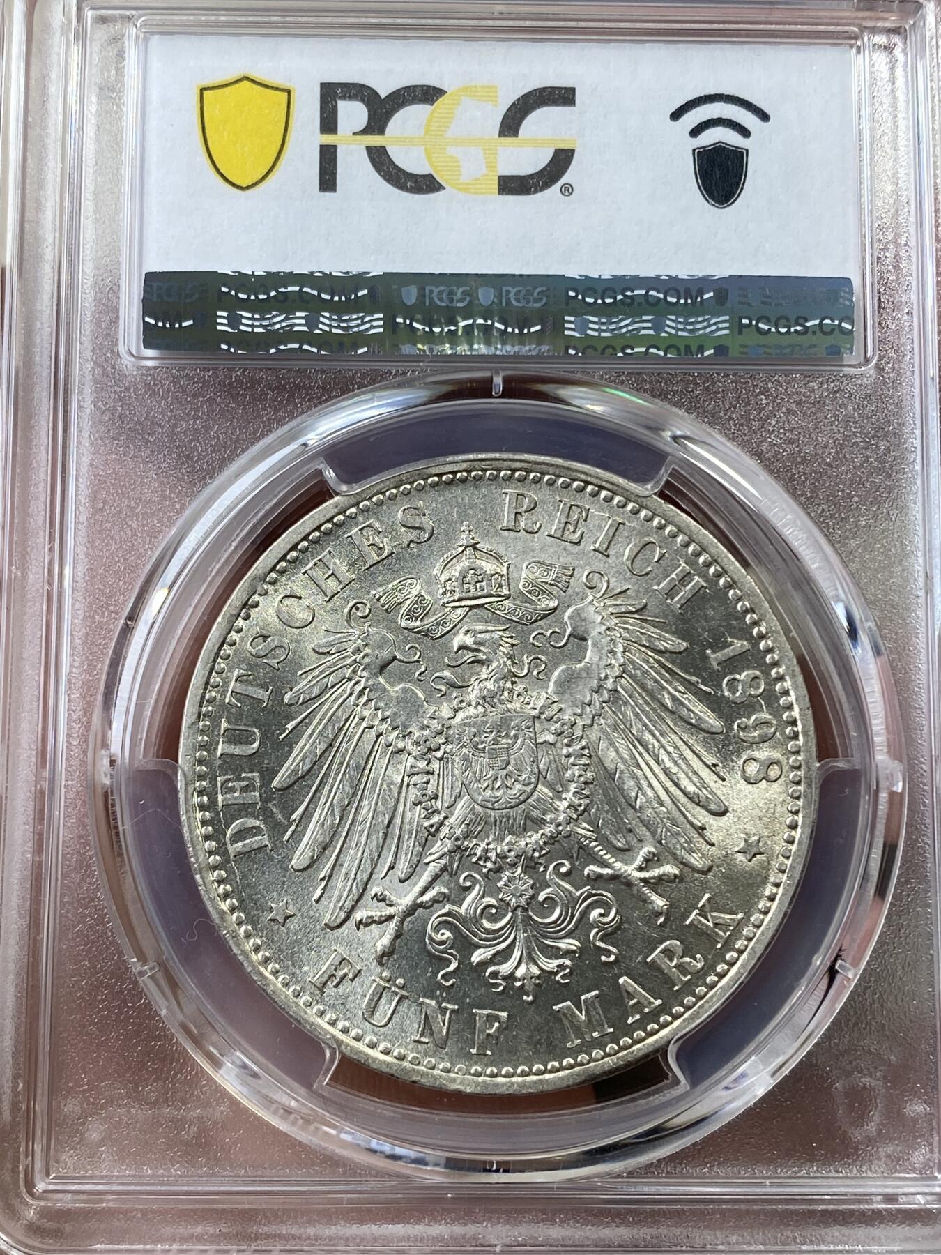 万国钱币拍卖第036期 PCGS MS60 1898年德国巴伐利亚奥拓长翅5马克 高难年份 暴力转光