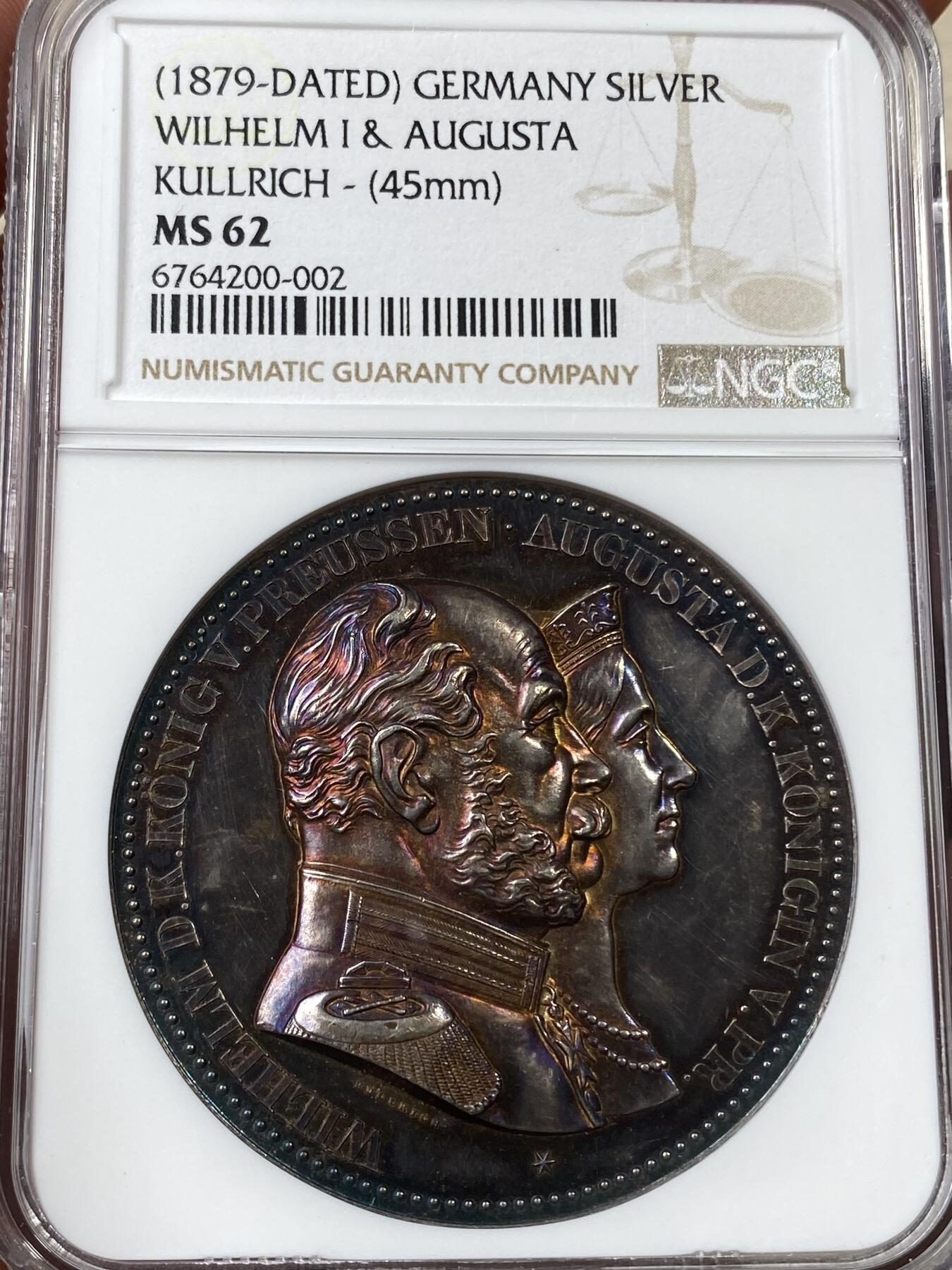 万国钱币拍卖第036期 NGC MS62 1879年德国威廉一世与奥古斯特皇后金婚纪念大银章 红酒色包浆细节犀利