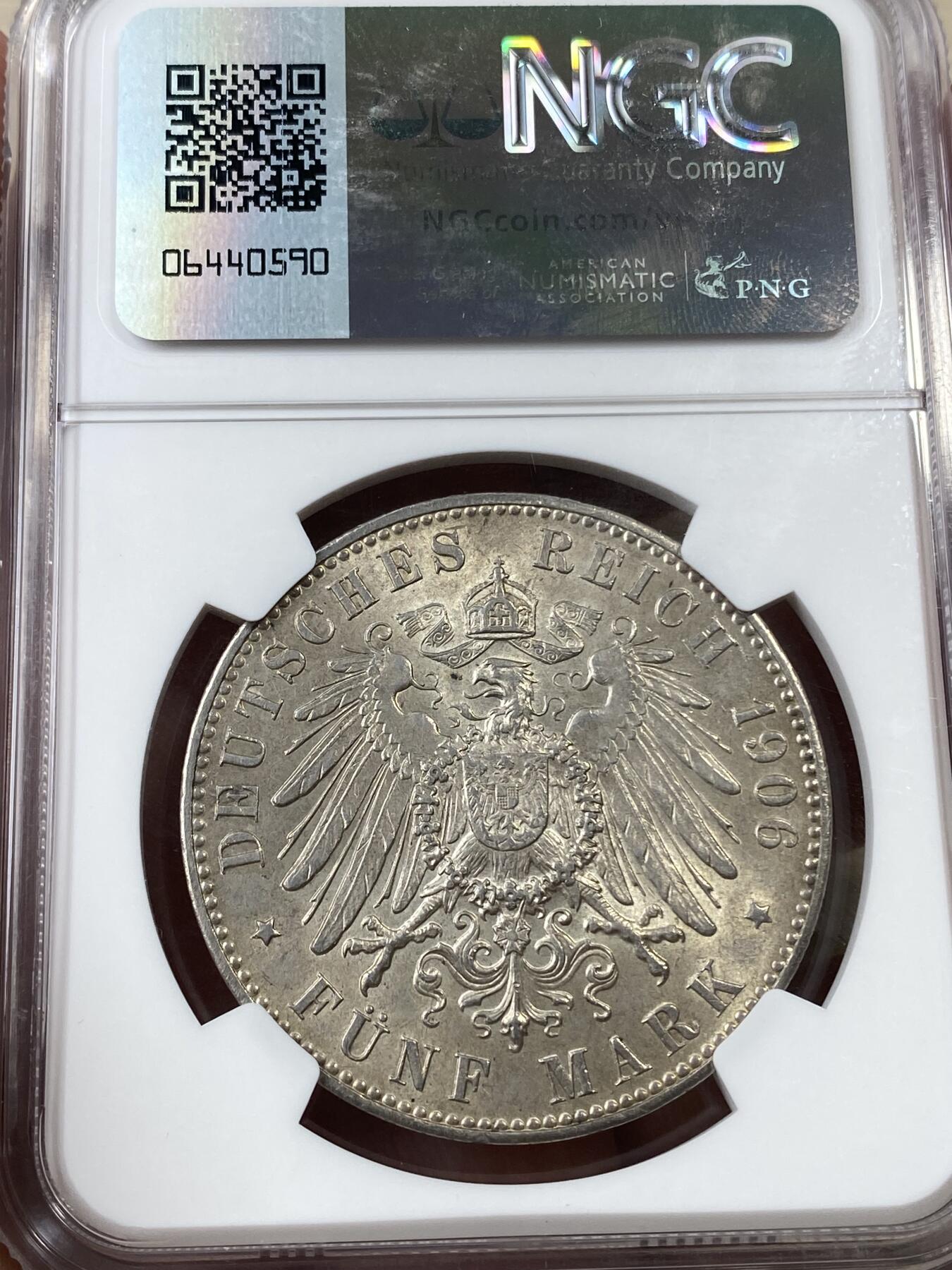 万国钱币拍卖第036期 NGC MS64 1906年德国不莱梅长翅流通5马克 自由市名誉品种 原味香槟彩