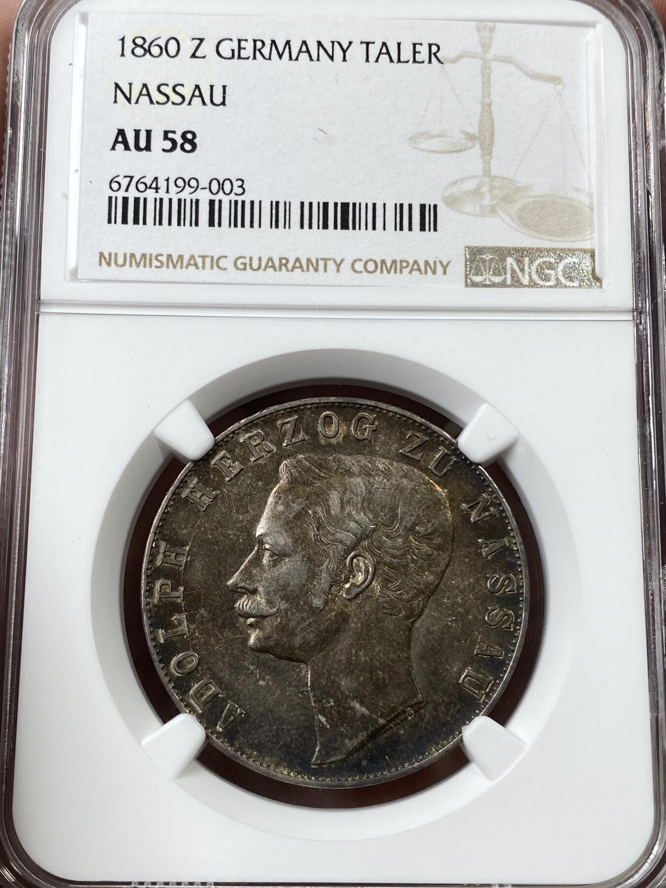 万国钱币拍卖第036期 NGC AU58 1860年德国拿骚双狮盾徽流通1泰勒 经典小邦 罕见品种 如此原味酱彩实在难得
