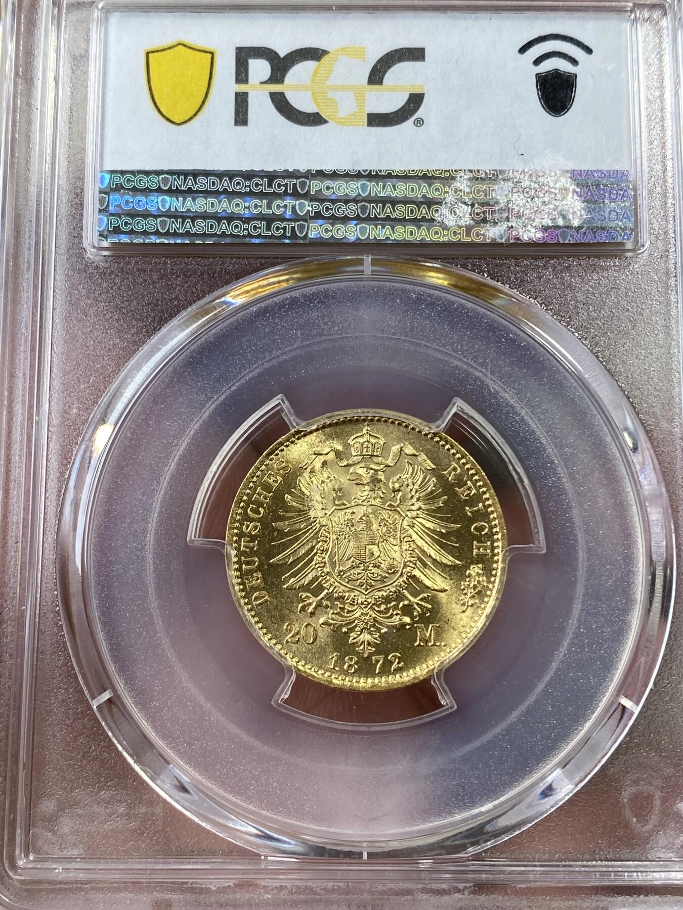 万国钱币拍卖第036期 PCGS MS62 1872年德国普鲁士威廉一世短翅20马克金币 暴力金光 观感远超分数的优良状态 7.96g 900金