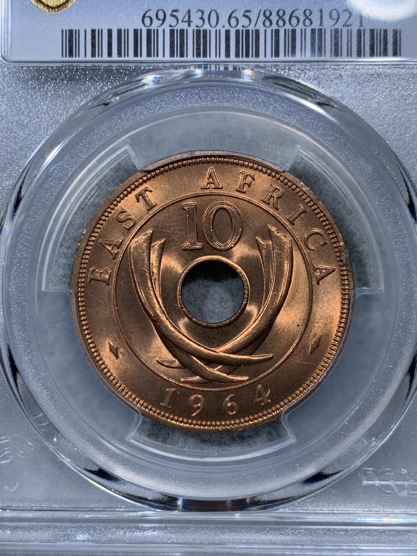 《竞宝斋》第322场 周日，周一，2场连拍 （全场包邮） PCGS MS65RD 高分+RD  1964H 英属东非10分 两面都是闪闪发亮的原铜光 那么大的币面 65分已是相当不易 可藏！
