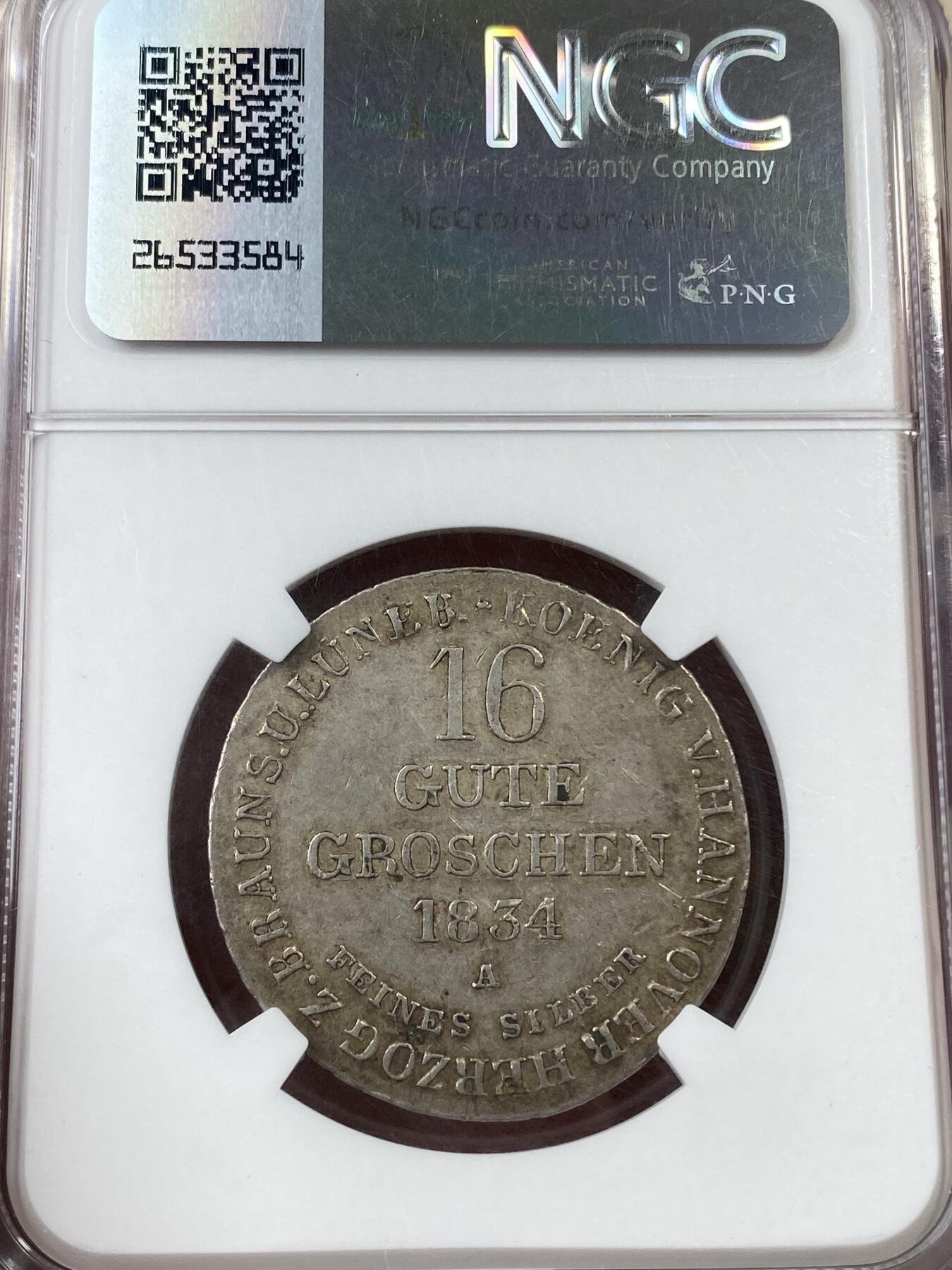万国钱币拍卖第036期 NGC AU50 1834年德国汉诺威飞马16格罗申银币 早期汉诺威飞马系列 原味包浆