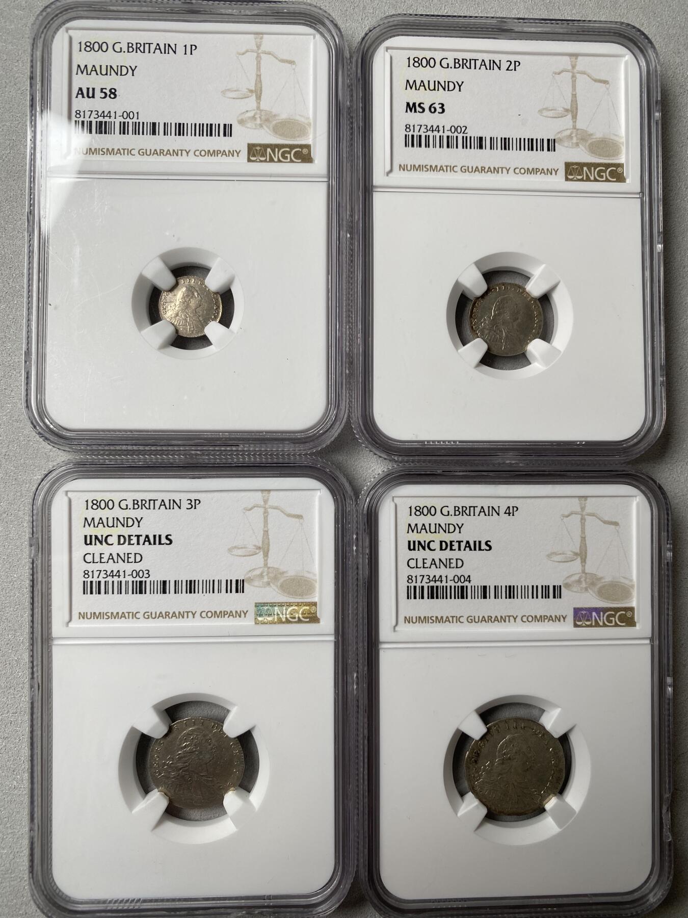 万国钱币拍卖第036期 NGC UNCD～MS63 1800年英国乔治三世洗脚币一套四枚 原味状态
