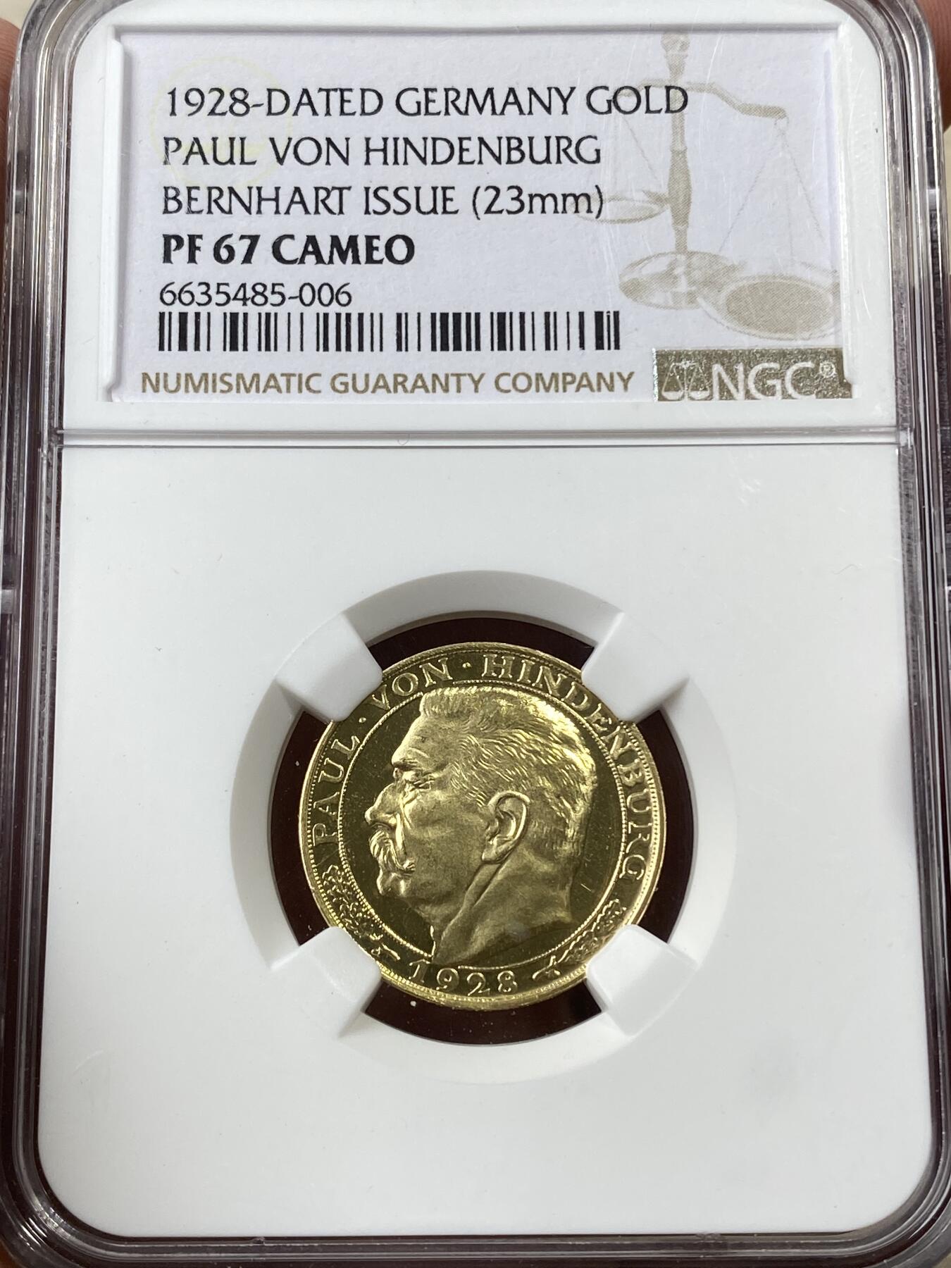 万国钱币拍卖第036期 NGC PF67CAM 1928年德国魏玛共和国兴登堡总统20马克金质币章 伯恩哈特设计 经典名誉品种 顶级精制 深度镜面 高分一步到位