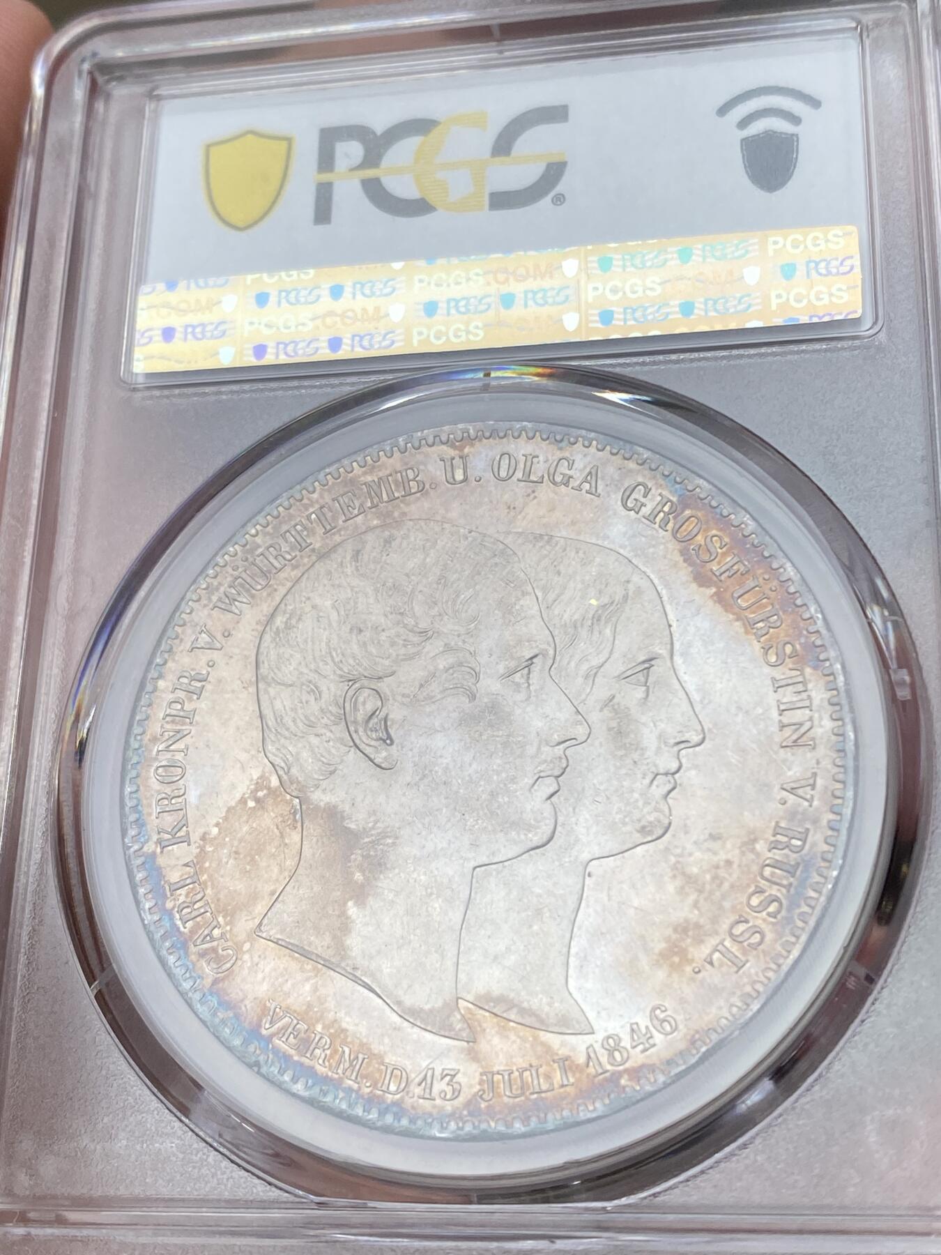 万国钱币拍卖第036期 PCGS AU58 1846年德国符腾堡卡尔王储大婚纪念2泰勒 发行量仅5808枚的2t品种 原味淡金环彩状态