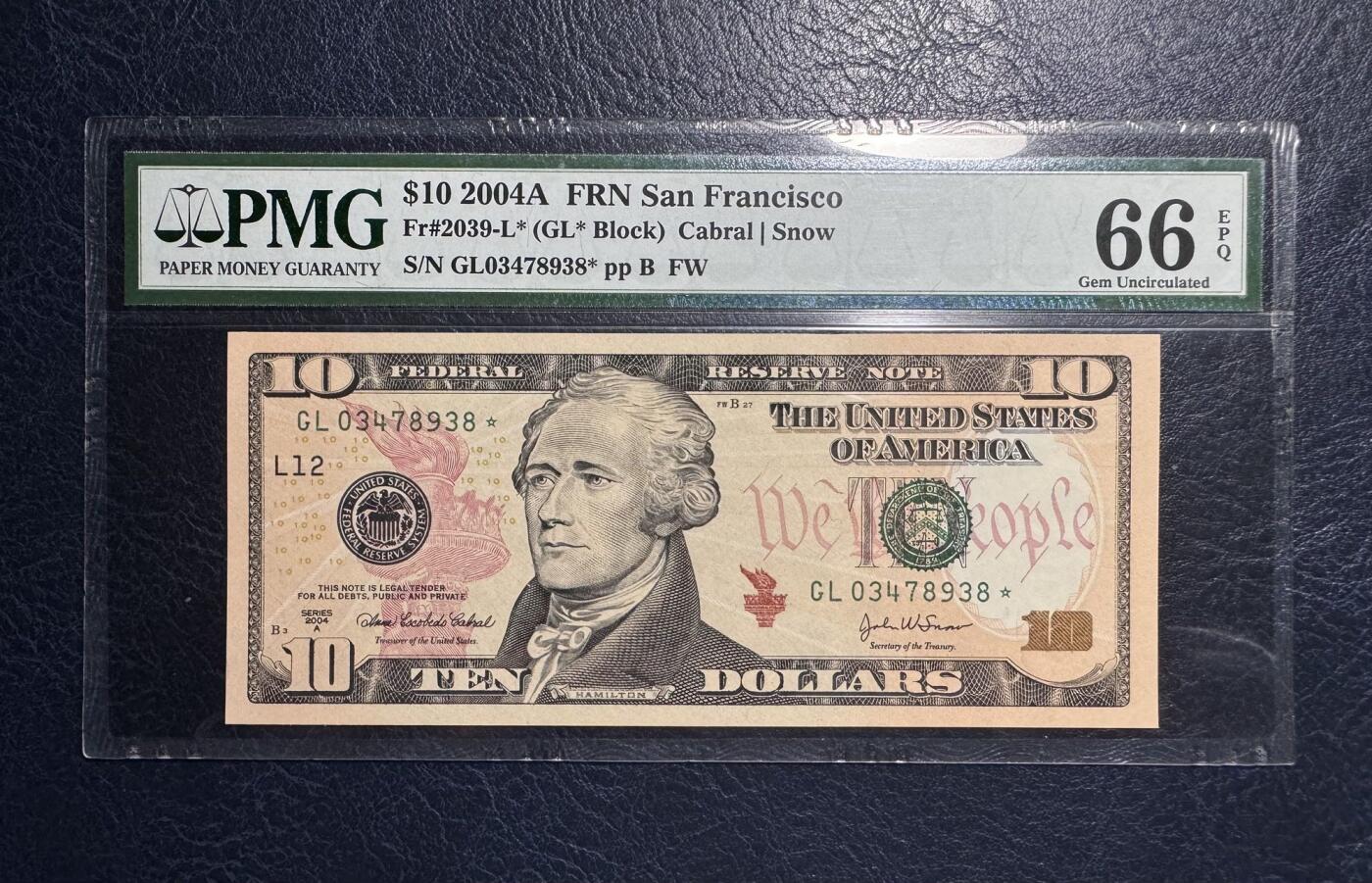 收藏联盟Quantum Auction 第387期拍卖  美联储2004年10美元星补号  PMG66