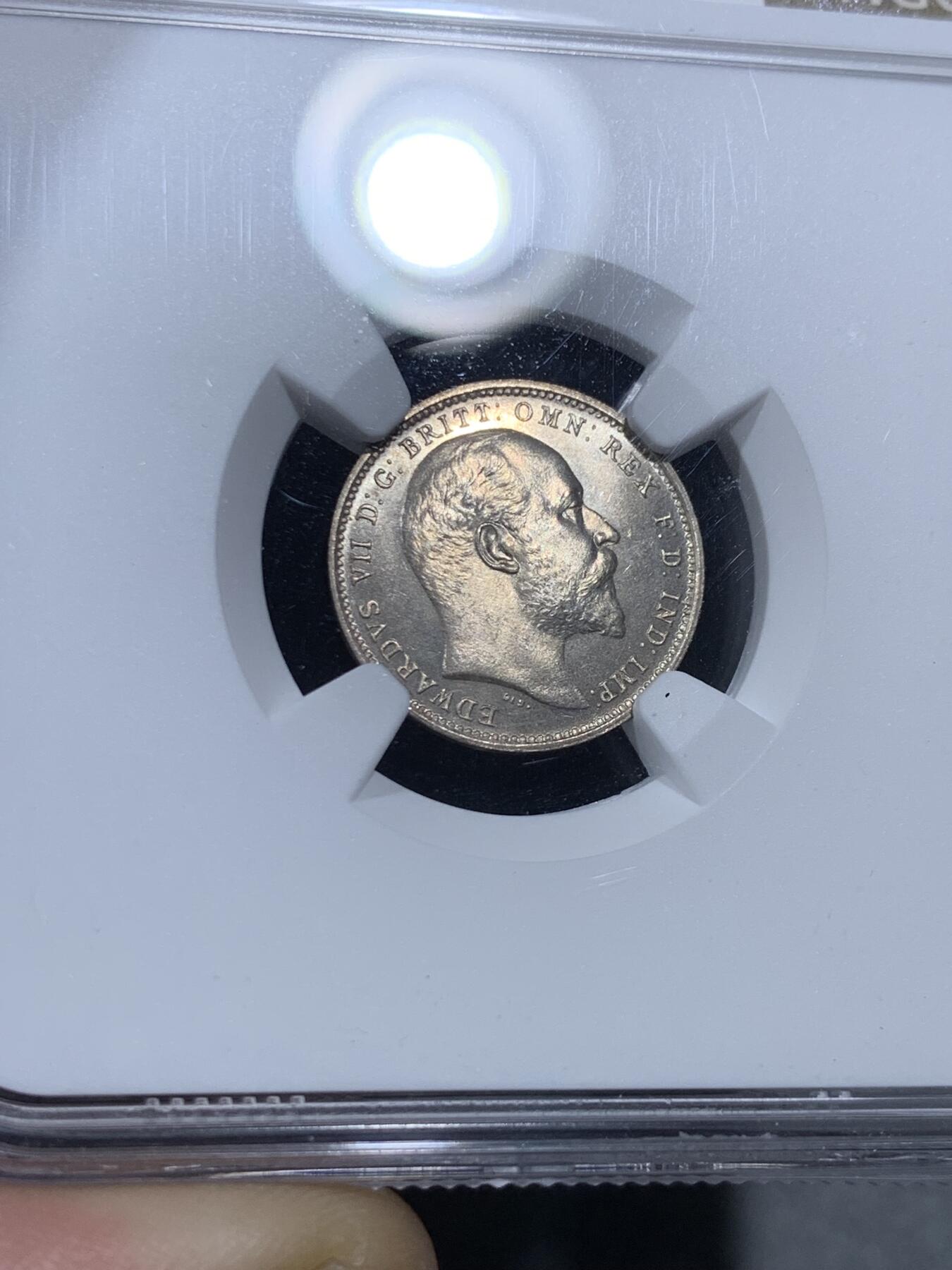 《竞宝斋》第322场 周日，周一，2场连拍 （全场包邮） NGC MS66+ 英国1907年爱德华七世4便士 濯足币最大面值，第三名高分，N盒上面仅7枚更高，爱七值得把玩