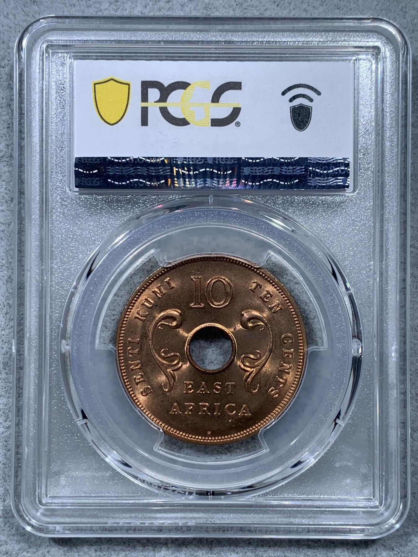 《竞宝斋》第322场 周日，周一，2场连拍 （全场包邮） PCGS MS65RD 高分+RD  1964H 英属东非10分 两面都是闪闪发亮的原铜光 那么大的币面 65分已是相当不易 可藏！