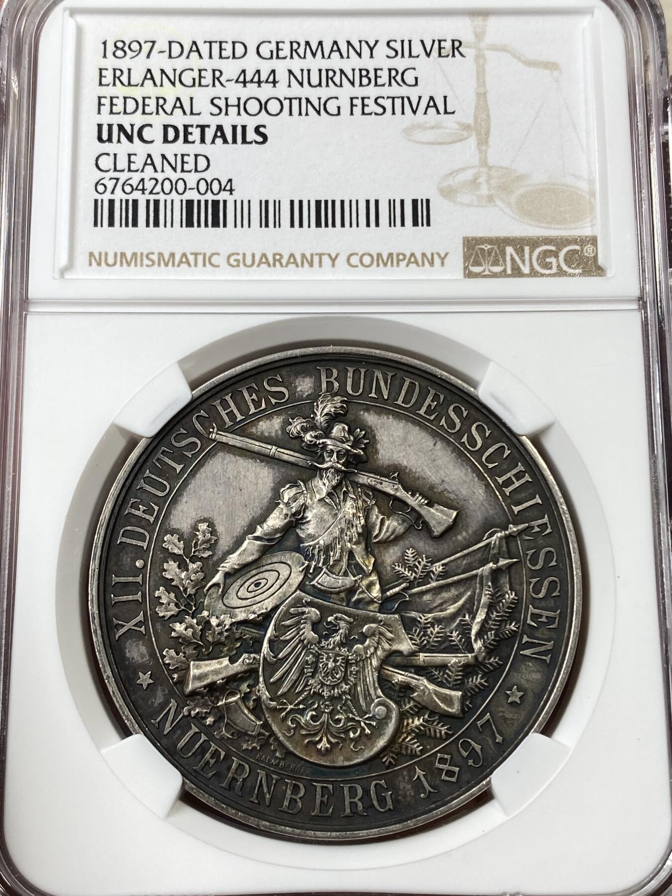 万国钱币拍卖第036期 NGC UNCD 1897年德国纽伦堡射击节纪念大银章 高浮雕名誉品种 双面原味包浆 高点完美